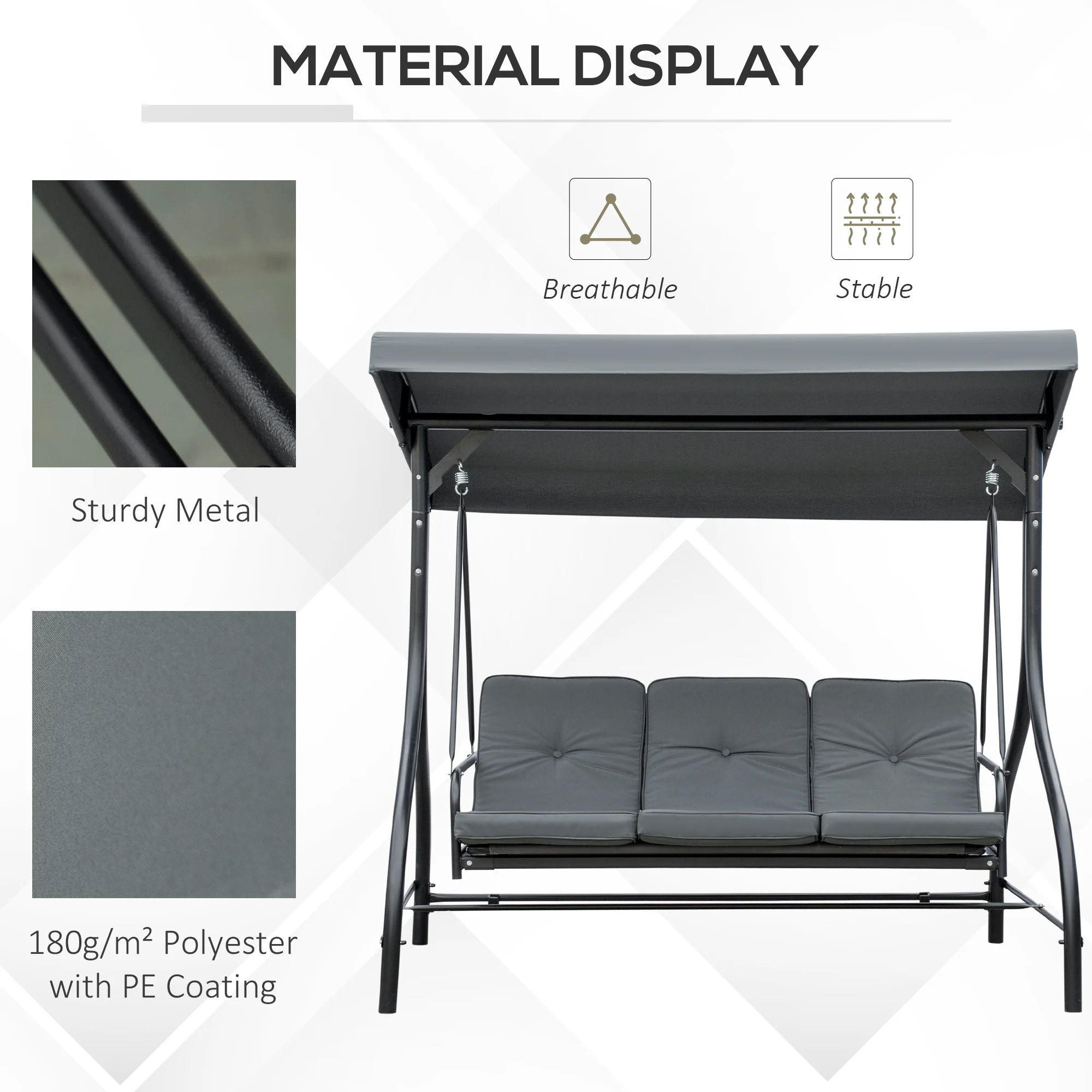3 Seater Canopy Swing Chair with Adjustable Canopy and Metal Frame, Dark Grey - Image 9