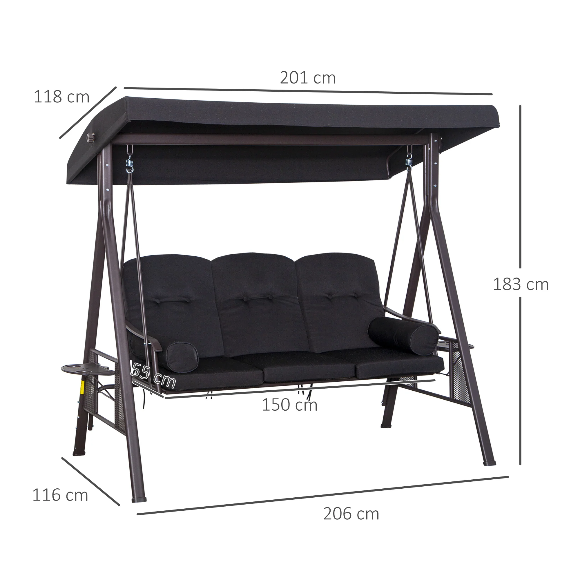 3 Seater Garden Swing Chair, Outdoor Swing Seat w/ Canopy and Cushions, Black - Image 5