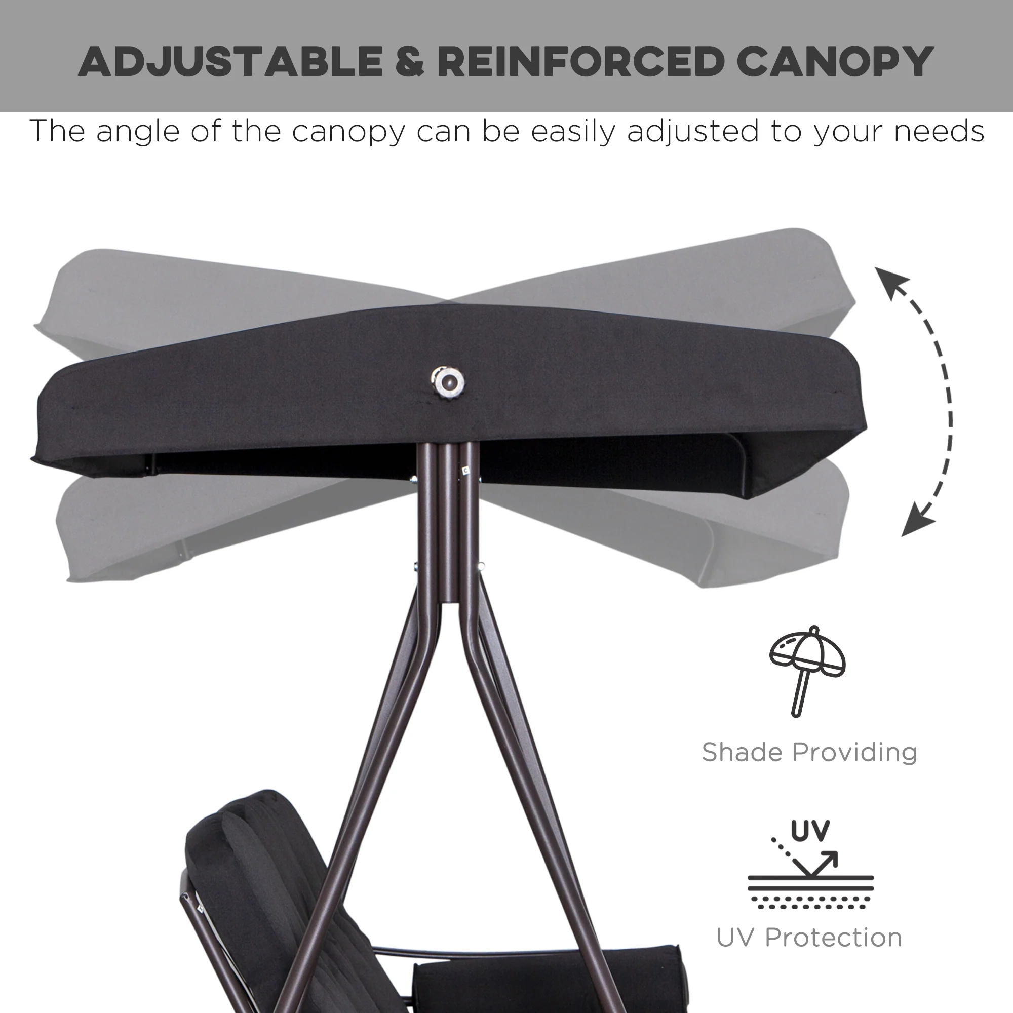 3 Seater Garden Swing Chair, Outdoor Swing Seat w/ Canopy and Cushions, Black - Image 6