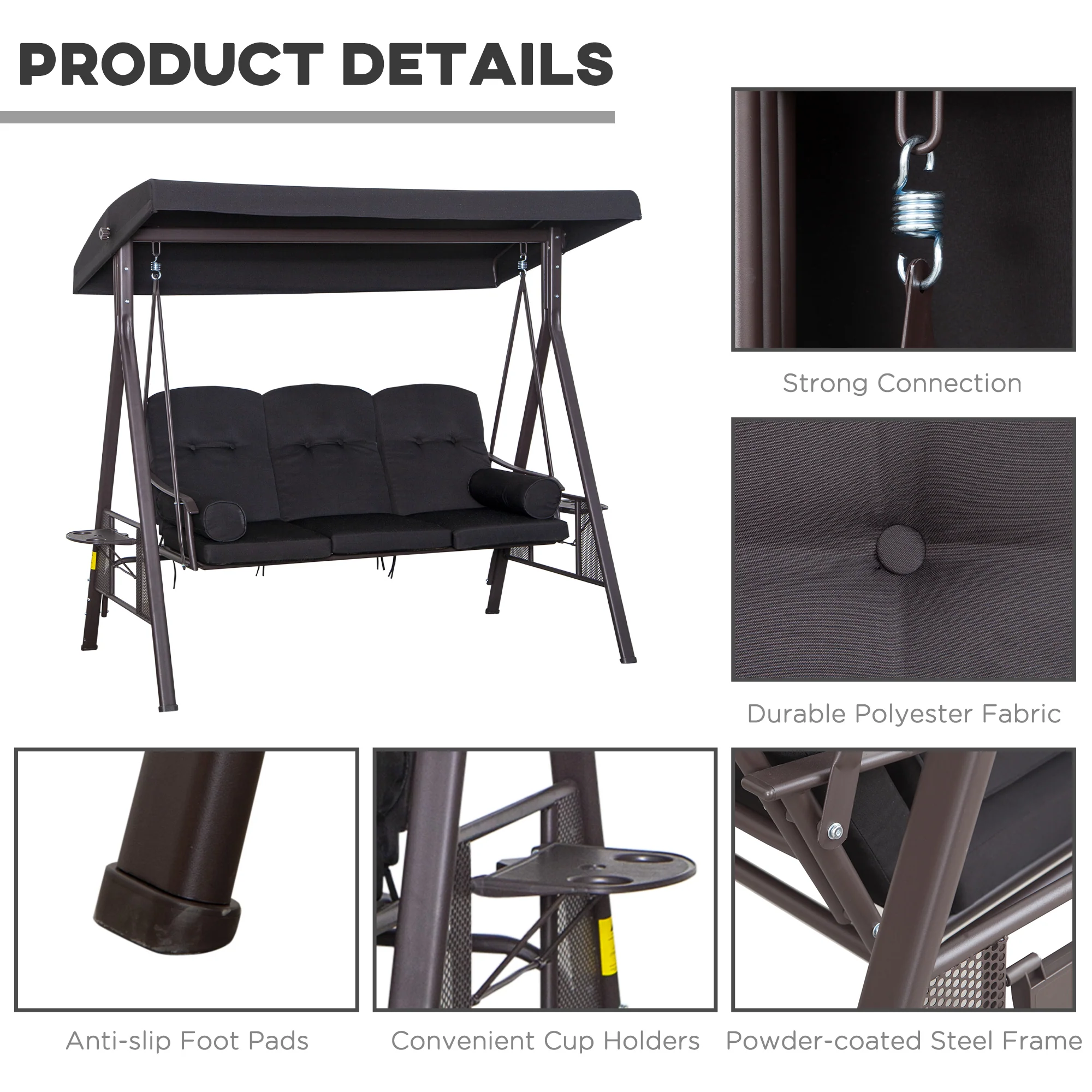 3 Seater Garden Swing Chair, Outdoor Swing Seat w/ Canopy and Cushions, Black - Image 7