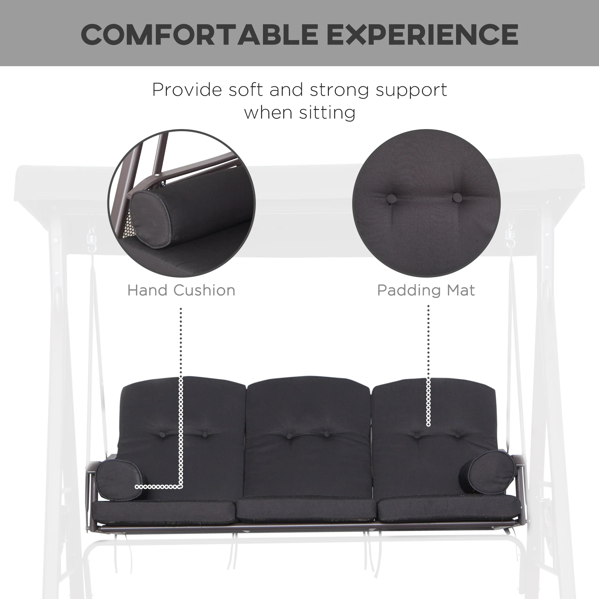 3 Seater Garden Swing Chair, Outdoor Swing Seat w/ Canopy and Cushions, Black - Image 8