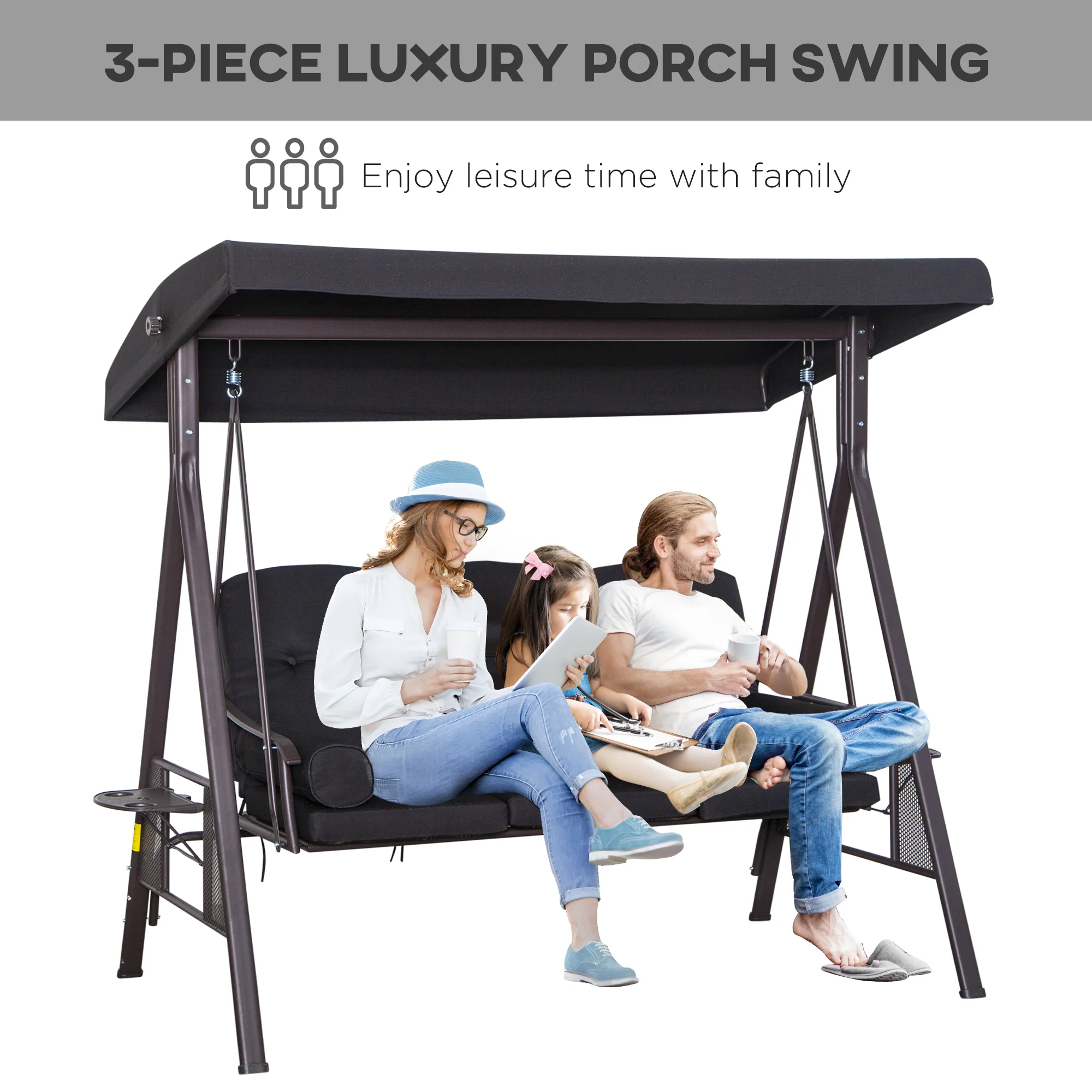 3 Seater Garden Swing Chair, Outdoor Swing Seat w/ Canopy and Cushions, Black - Image 9