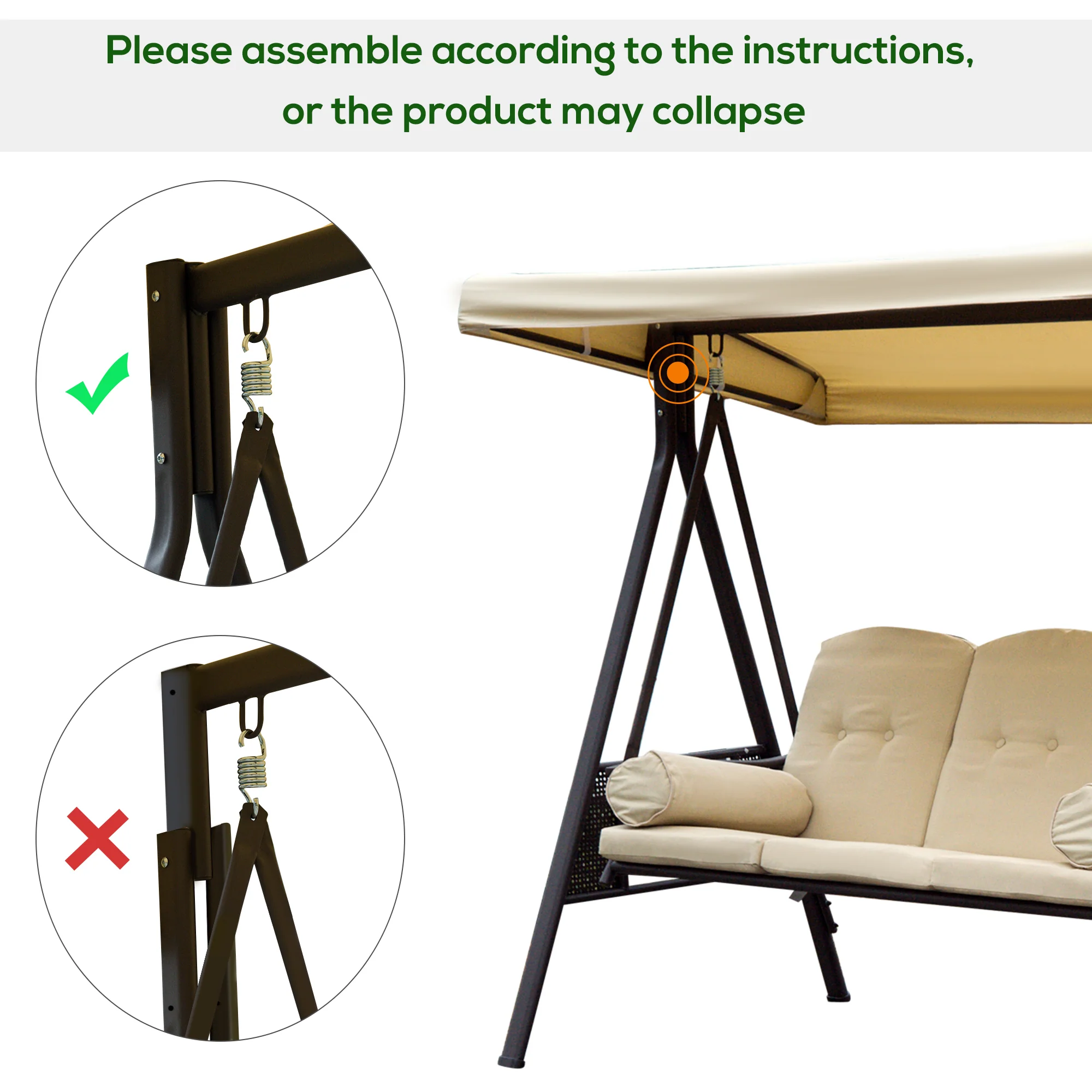 3 Seater Canopy Swing Chair with Cushions & Cup Trays, Beige - Image 10