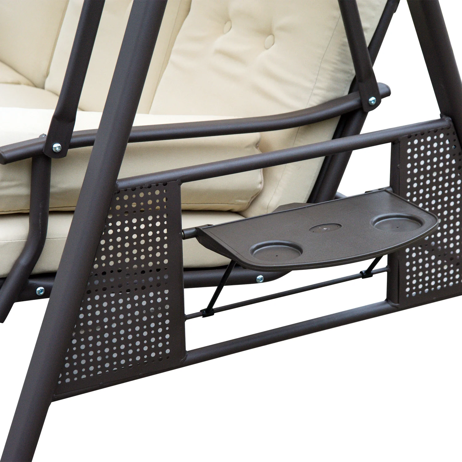 3 Seater Canopy Swing Chair with Cushions & Cup Trays, Beige - Image 11