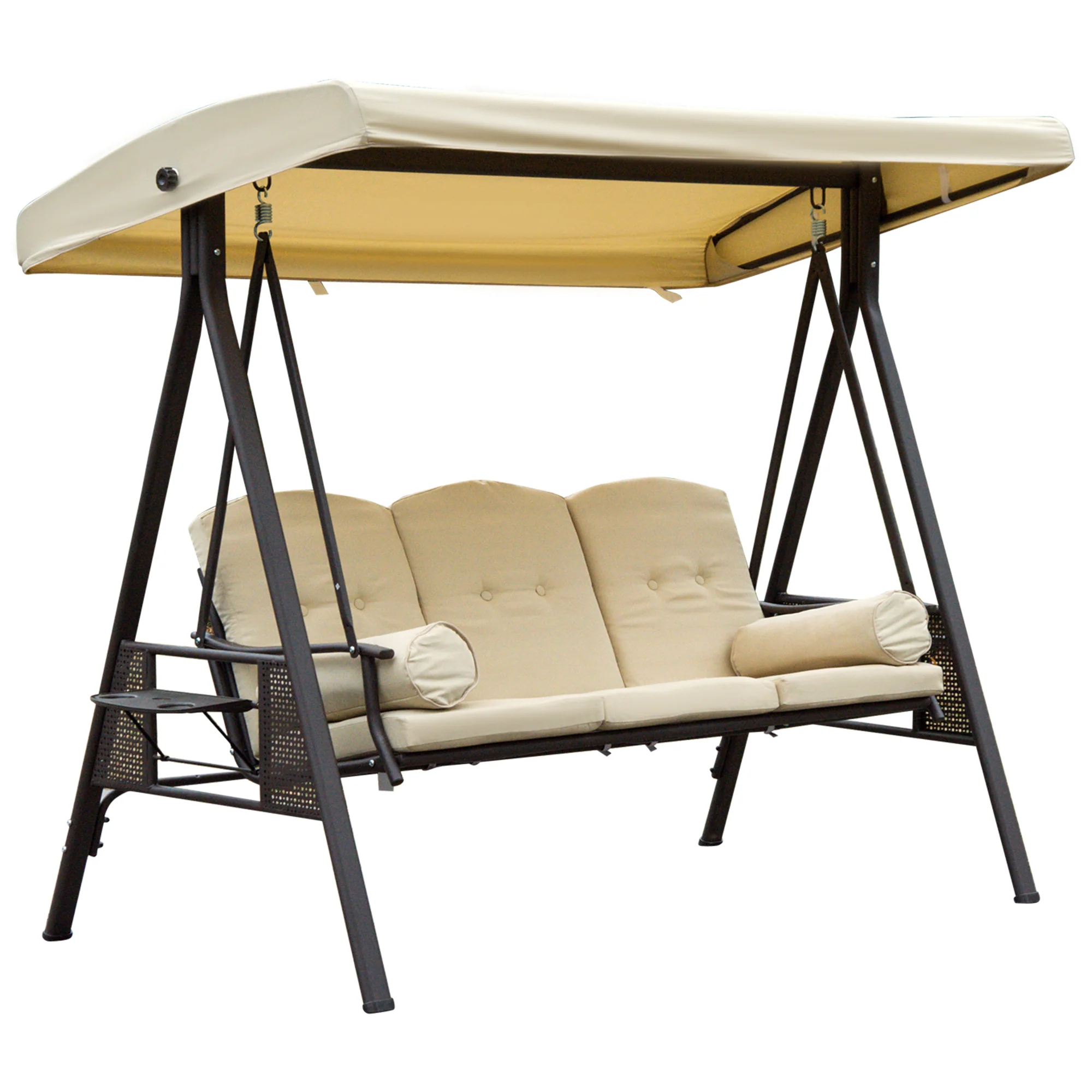 3 Seater Canopy Swing Chair with Cushions & Cup Trays, Beige - Image 12