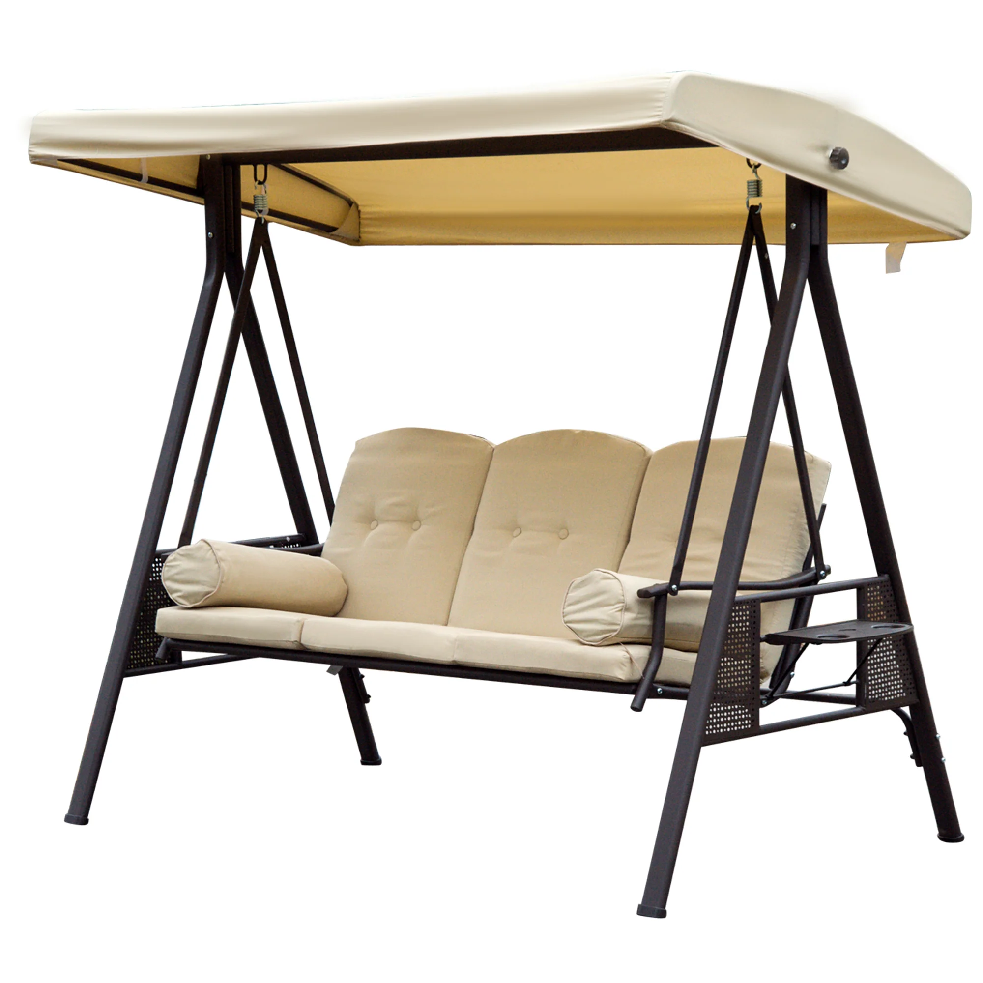 3 Seater Canopy Swing Chair with Cushions & Cup Trays, Beige - Image 2