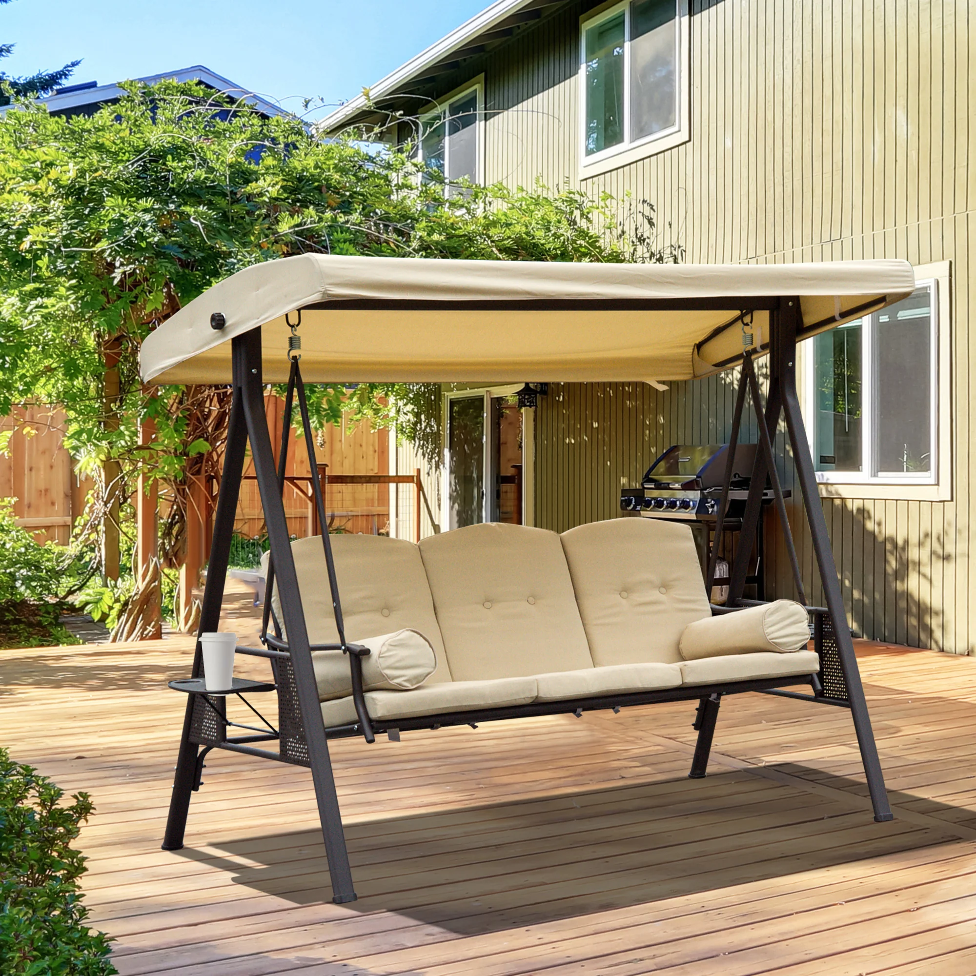 3 Seater Canopy Swing Chair with Cushions & Cup Trays, Beige - Image 3