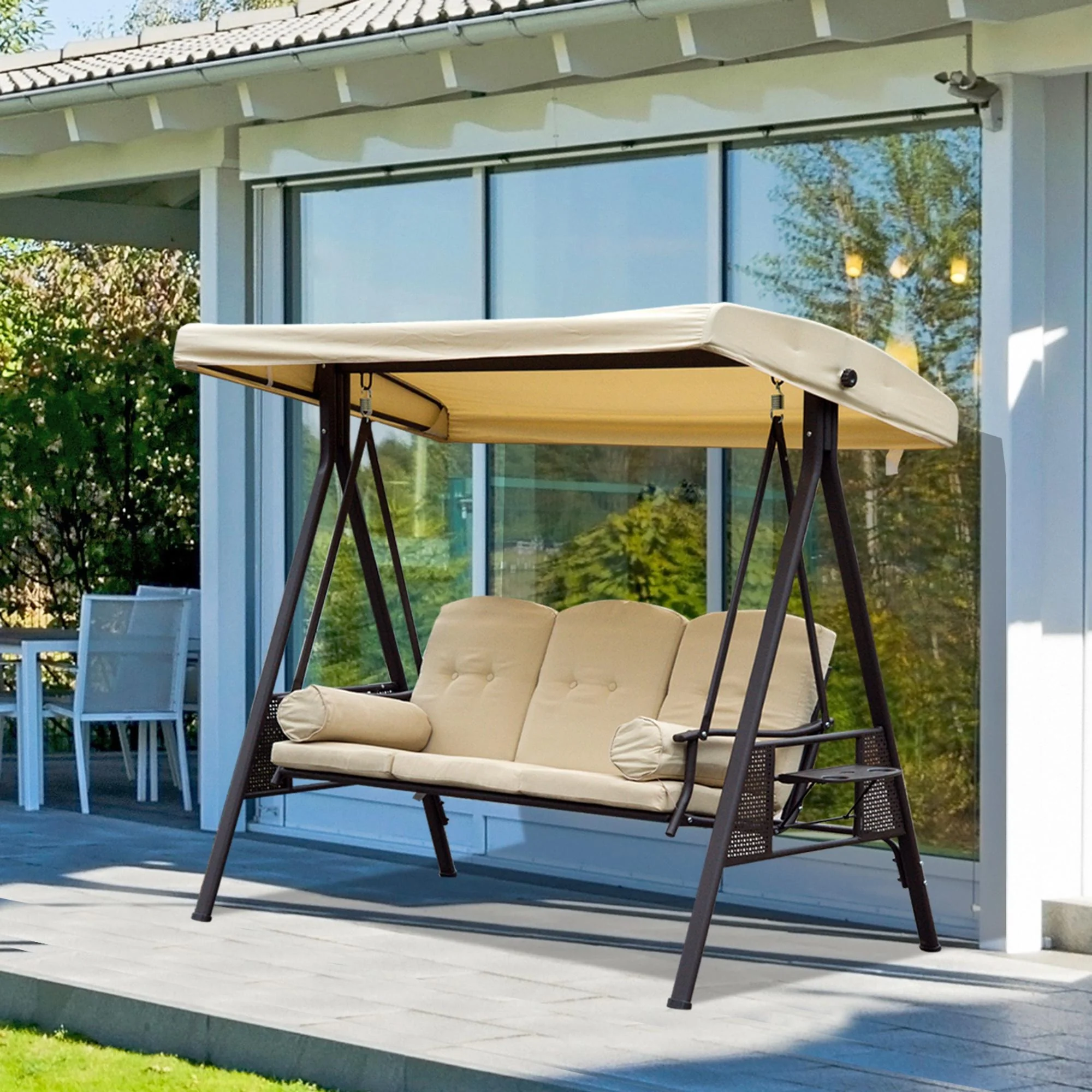 3 Seater Canopy Swing Chair with Cushions & Cup Trays, Beige - Image 4