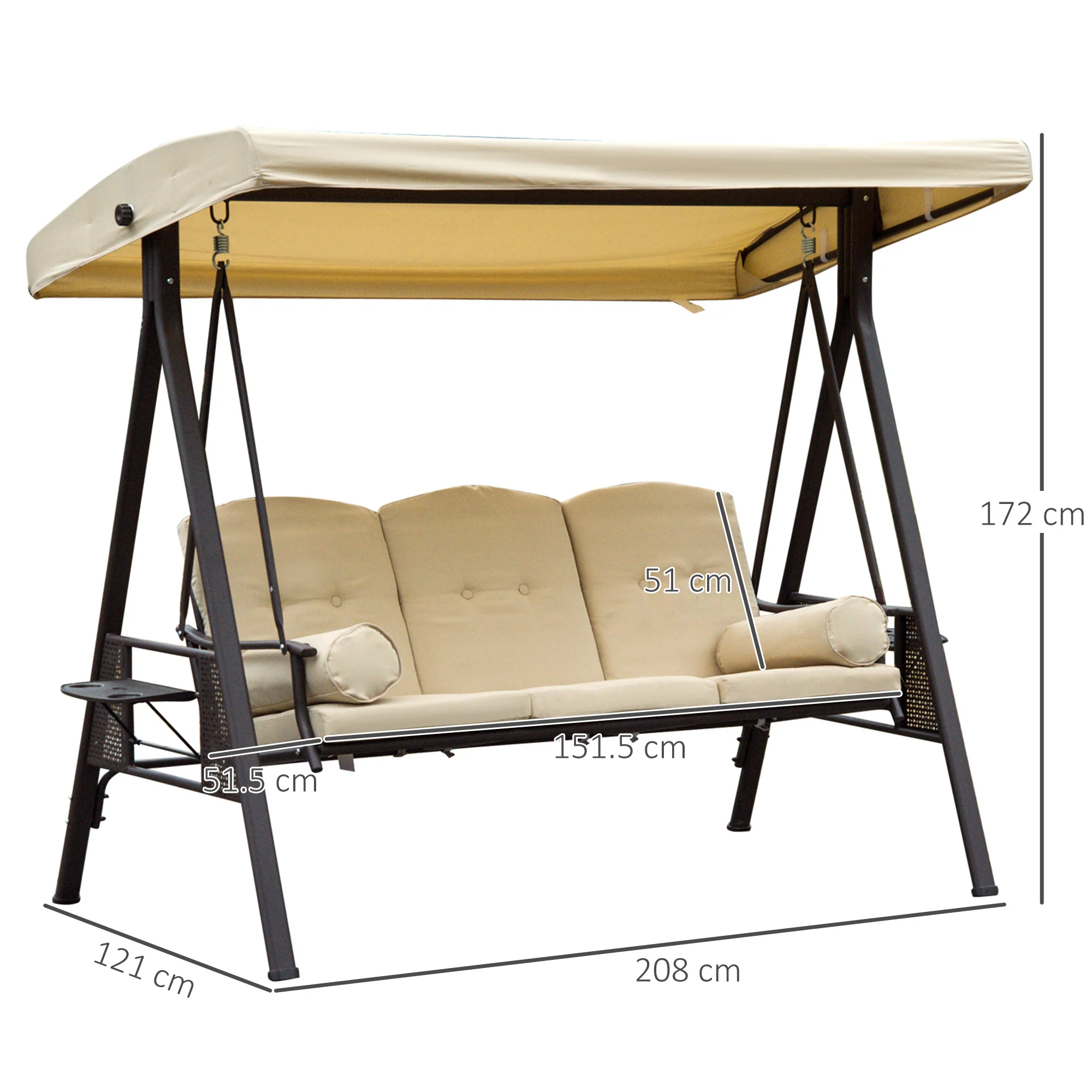3 Seater Canopy Swing Chair with Cushions & Cup Trays, Beige - Image 5