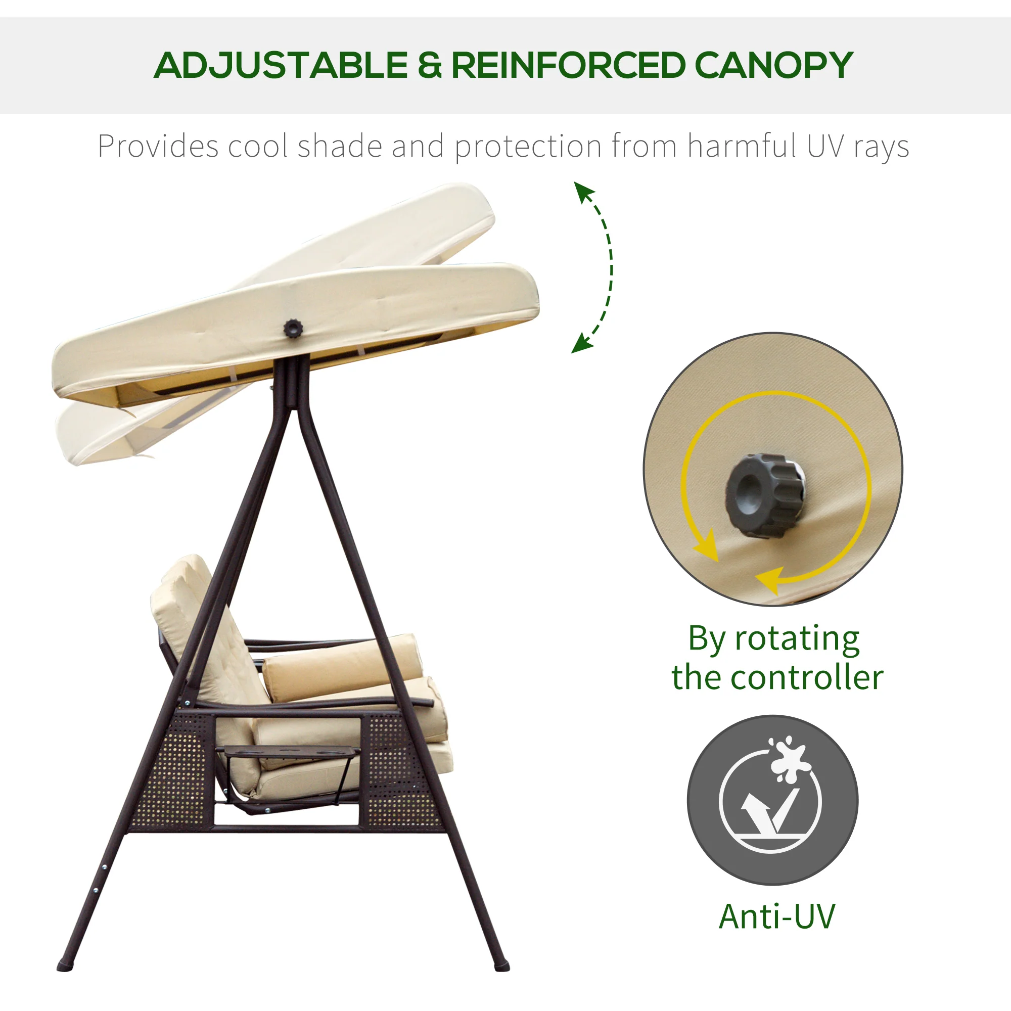 3 Seater Canopy Swing Chair with Cushions & Cup Trays, Beige - Image 6