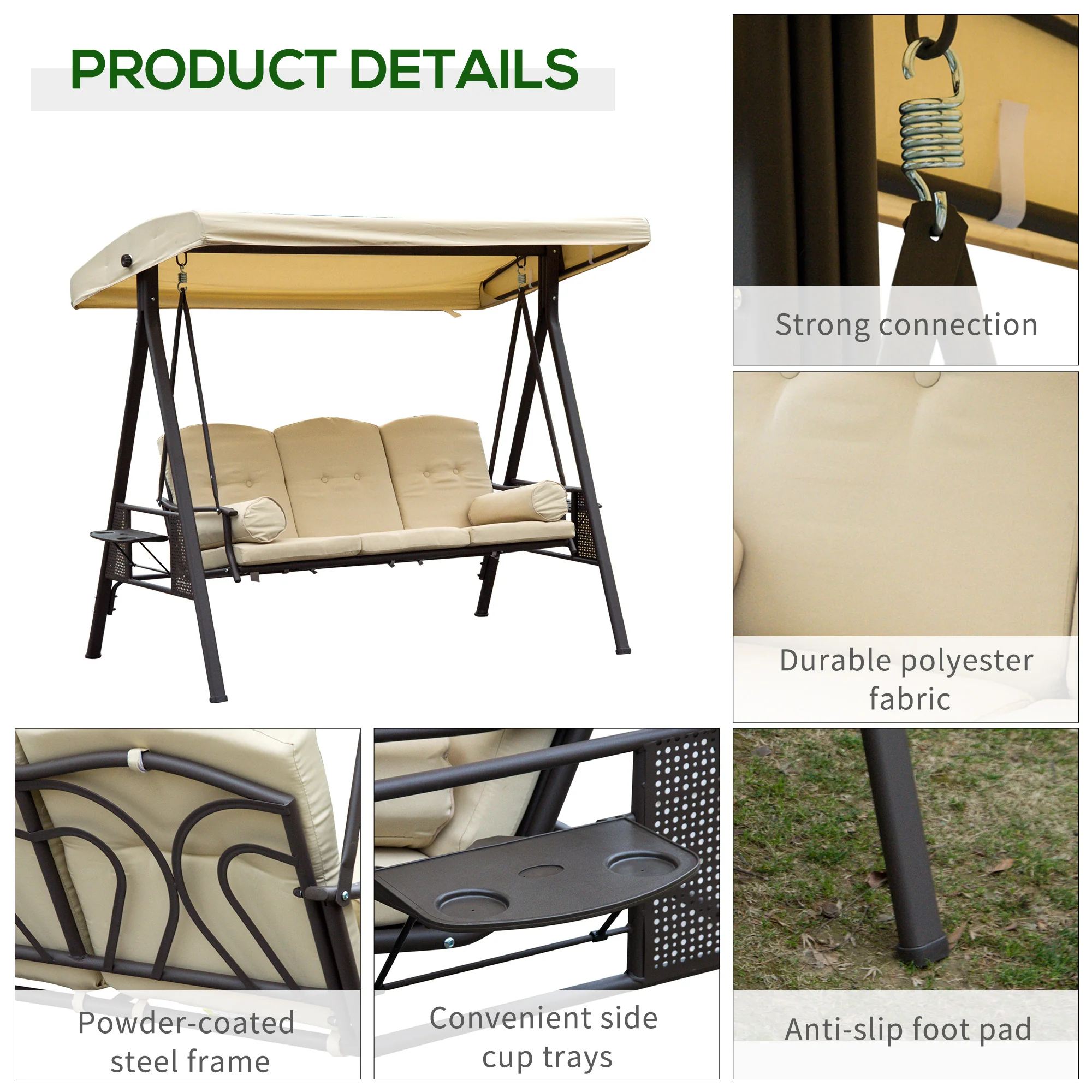 3 Seater Canopy Swing Chair with Cushions & Cup Trays, Beige - Image 8