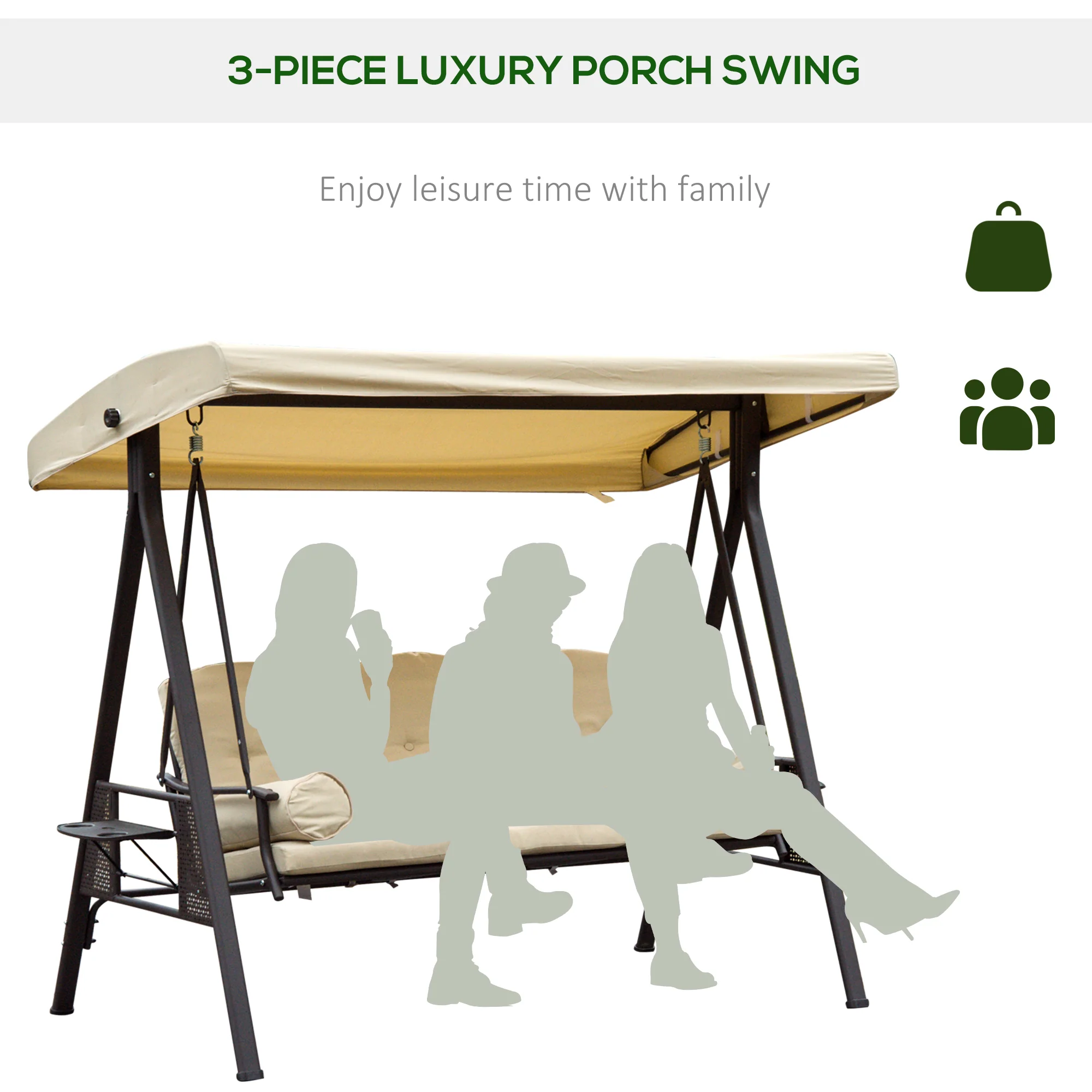 3 Seater Canopy Swing Chair with Cushions & Cup Trays, Beige - Image 9