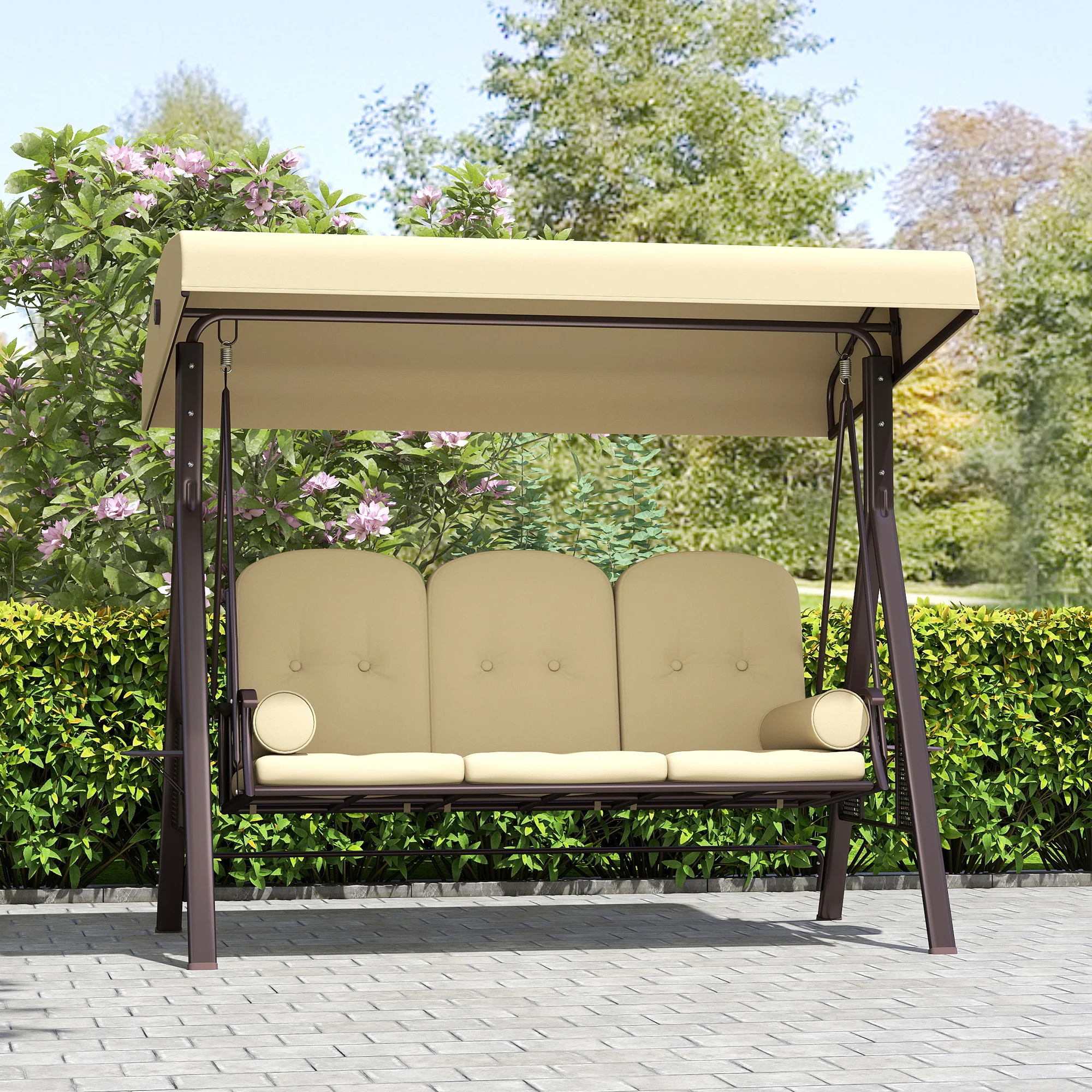 3 Seater Canopy Swing Chair with Cushions & Cup Trays, Brown - Image 11