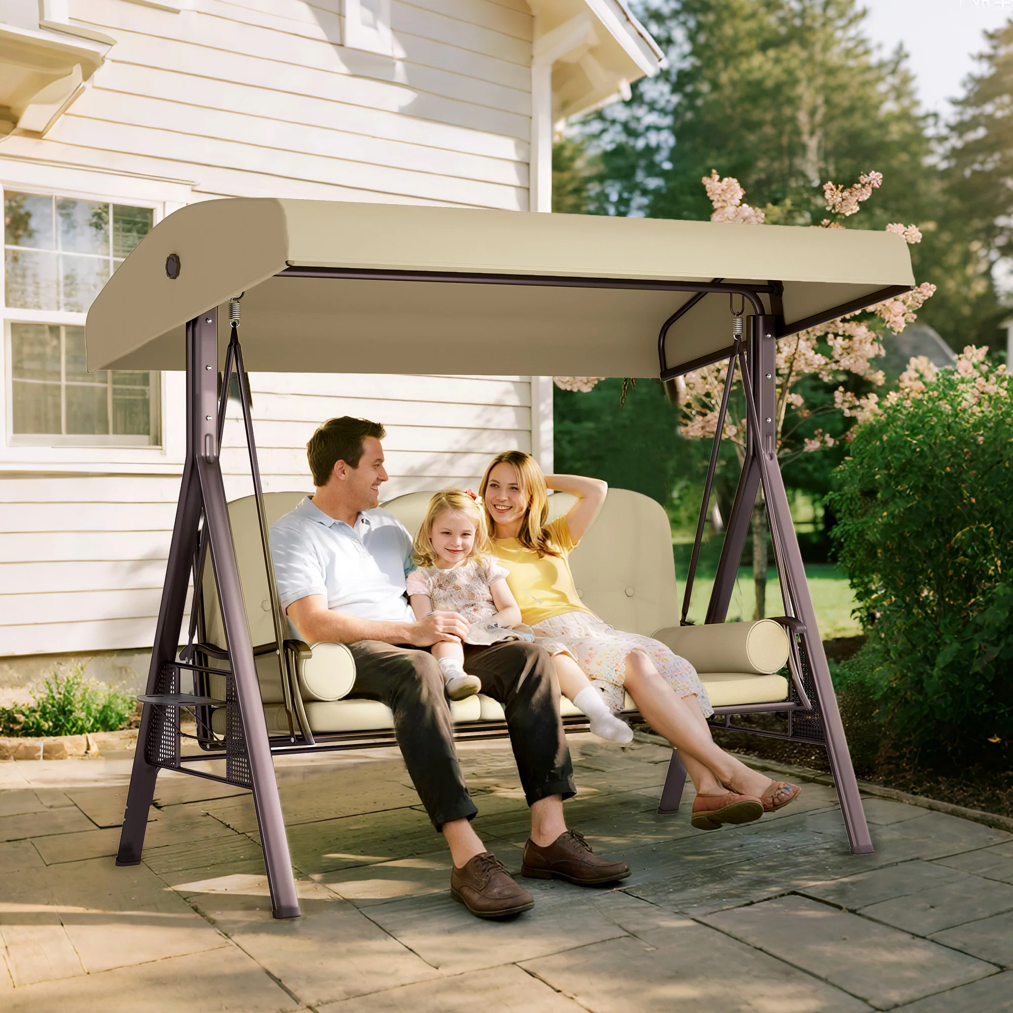 3 Seater Canopy Swing Chair with Cushions & Cup Trays, Brown - Image 3