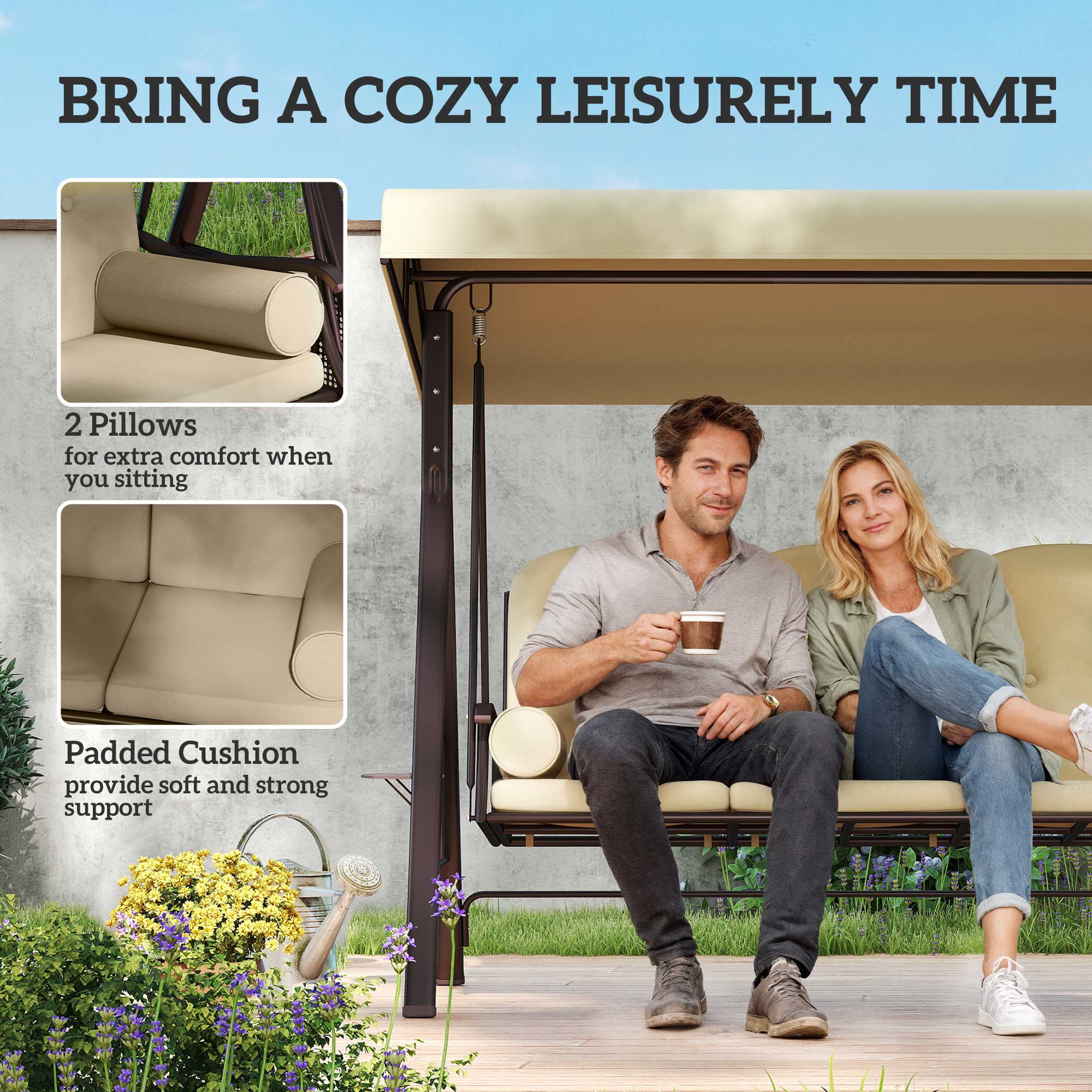 3 Seater Canopy Swing Chair with Cushions & Cup Trays, Brown - Image 8