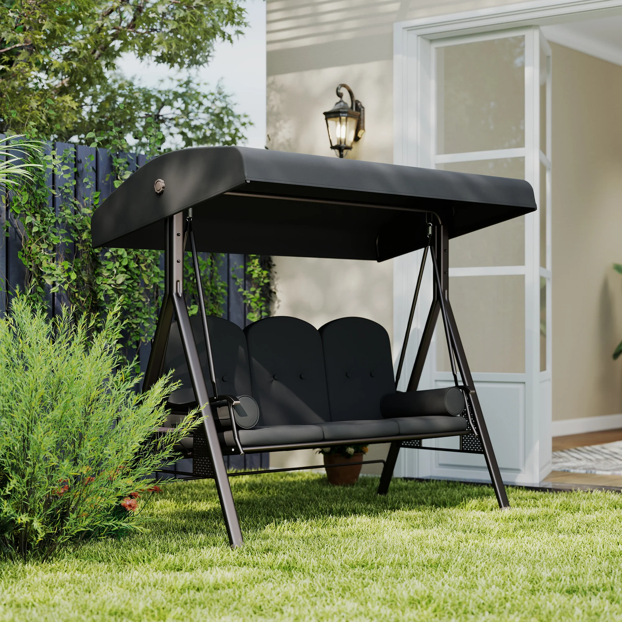 3 Seater Canopy Swing Chair with Cushions & Cup Trays, Dark Grey - Image 10