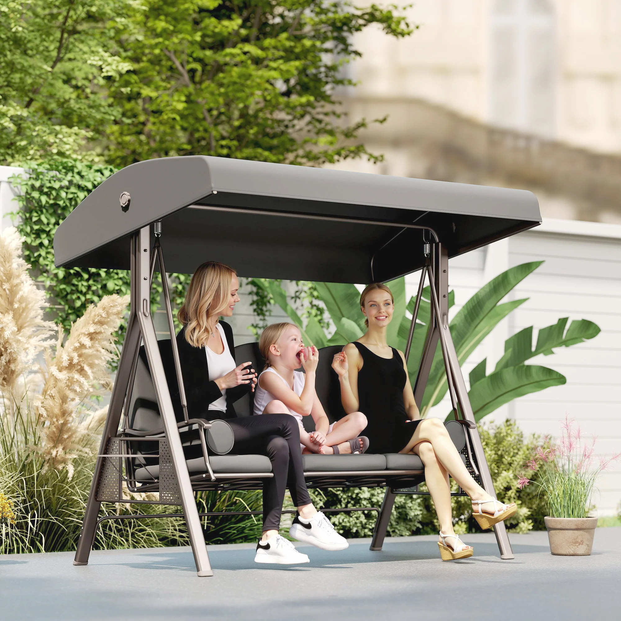 3 Seater Canopy Swing Chair with Cushions & Cup Trays, Dark Grey - Image 4