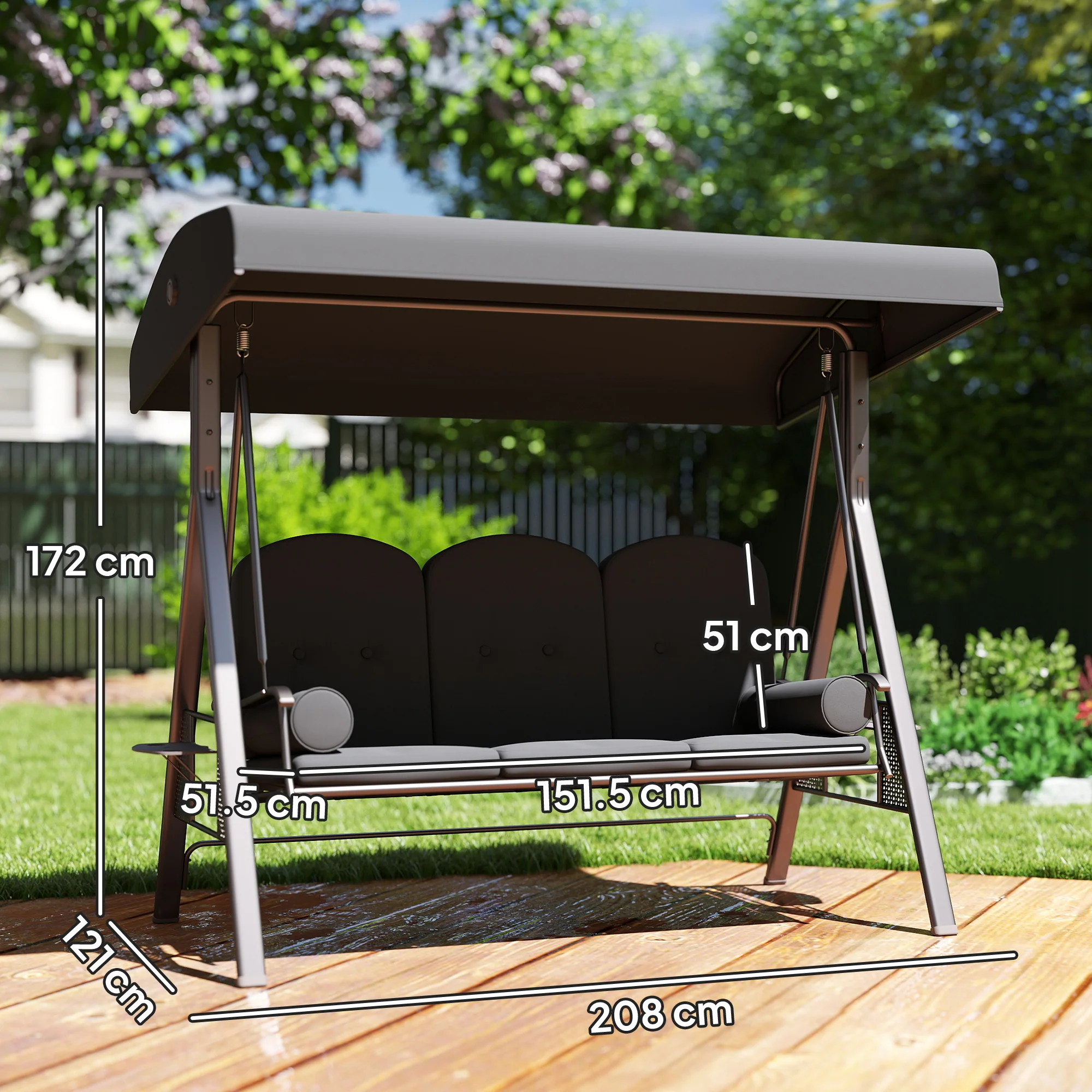 3 Seater Canopy Swing Chair with Cushions & Cup Trays, Dark Grey - Image 5