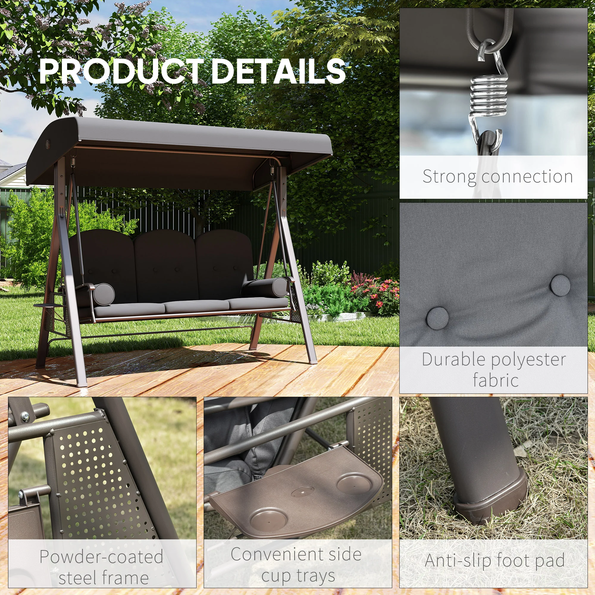 3 Seater Canopy Swing Chair with Cushions & Cup Trays, Dark Grey - Image 7
