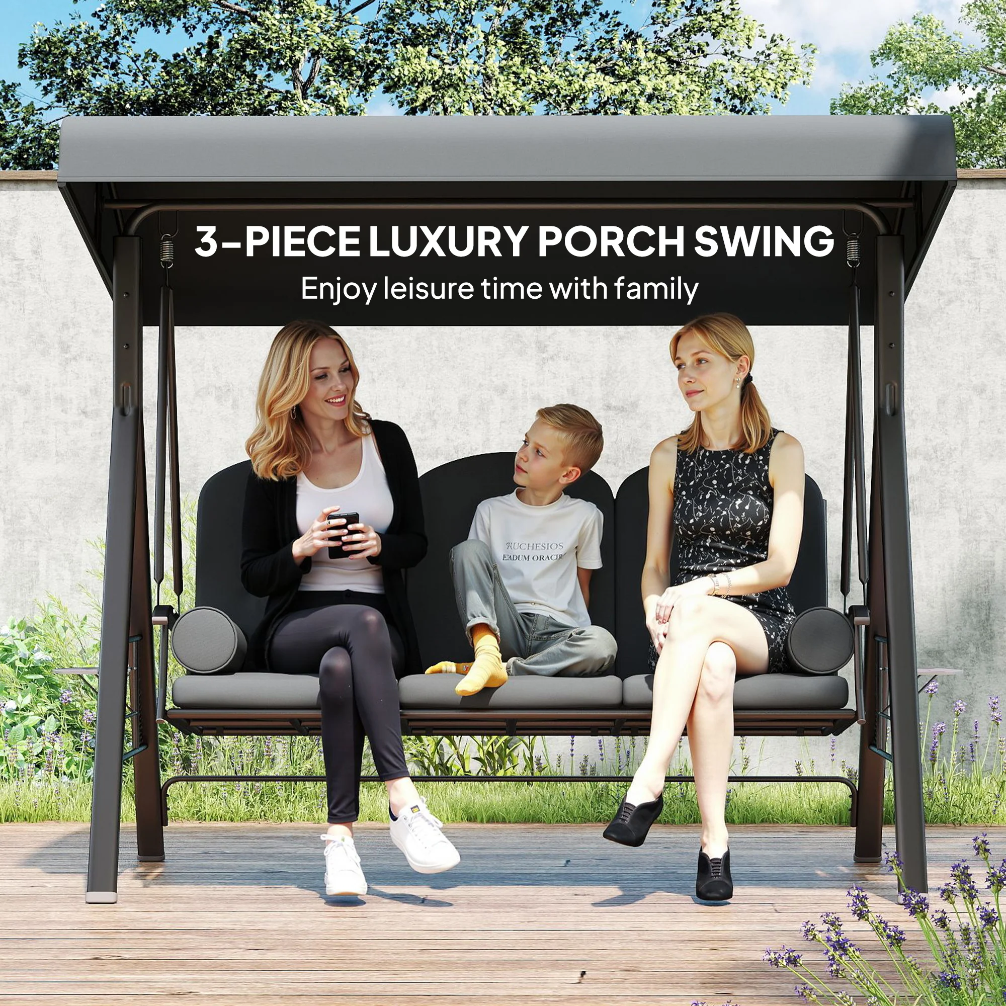 3 Seater Canopy Swing Chair with Cushions & Cup Trays, Dark Grey - Image 9