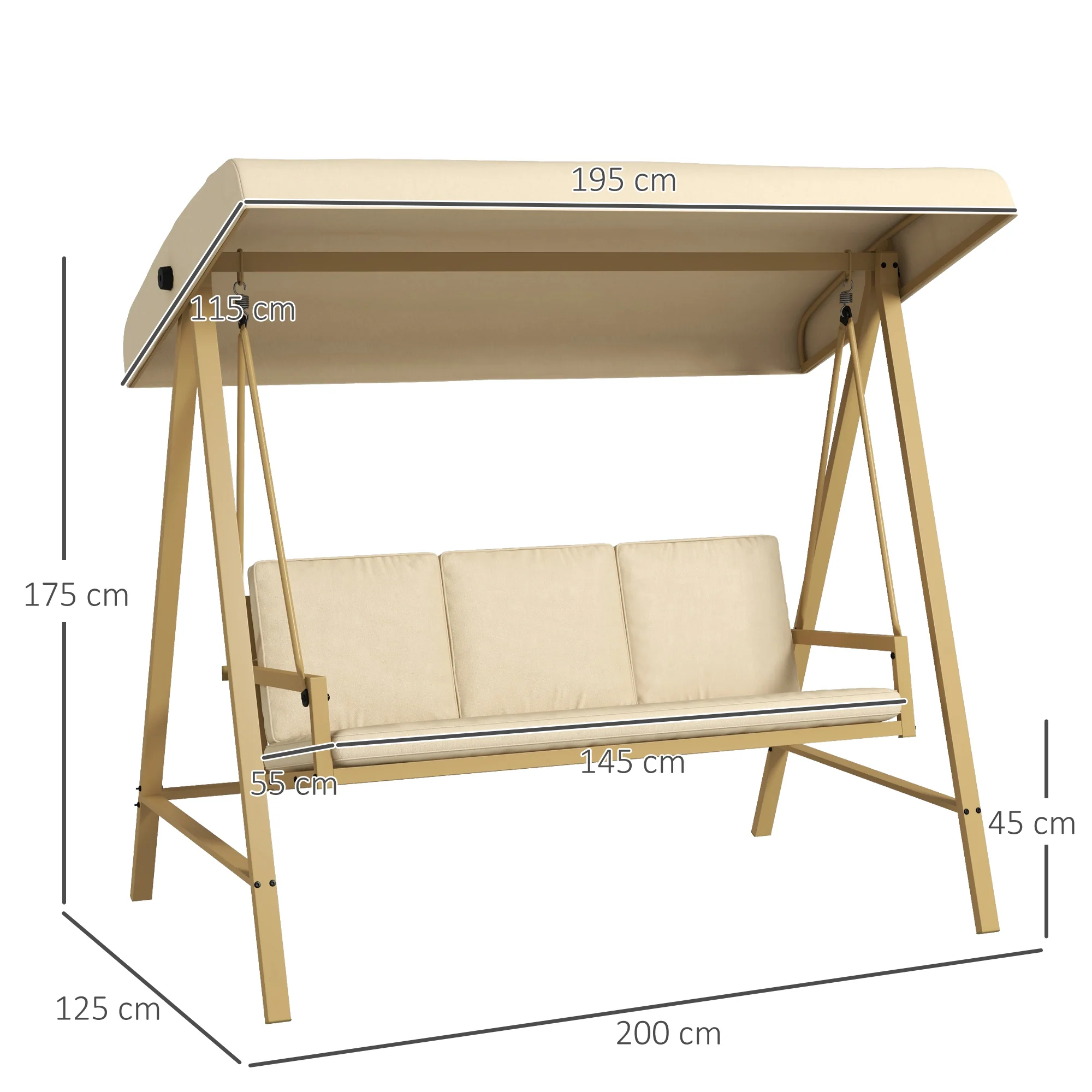 3 Seater Garden Swing Chair with Adjustable Canopy and Removable Cushions, Beige - Image 5