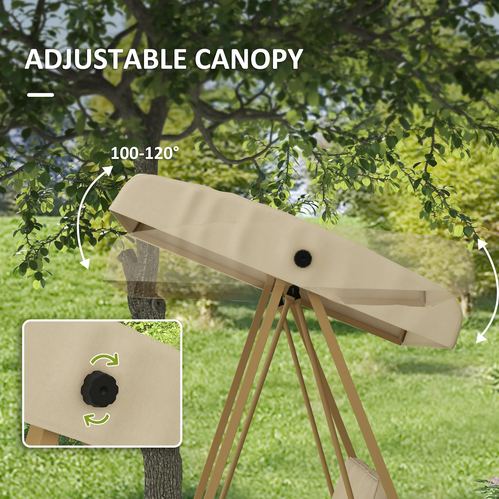 3 Seater Garden Swing Chair with Adjustable Canopy and Removable Cushions, Beige - Image 8