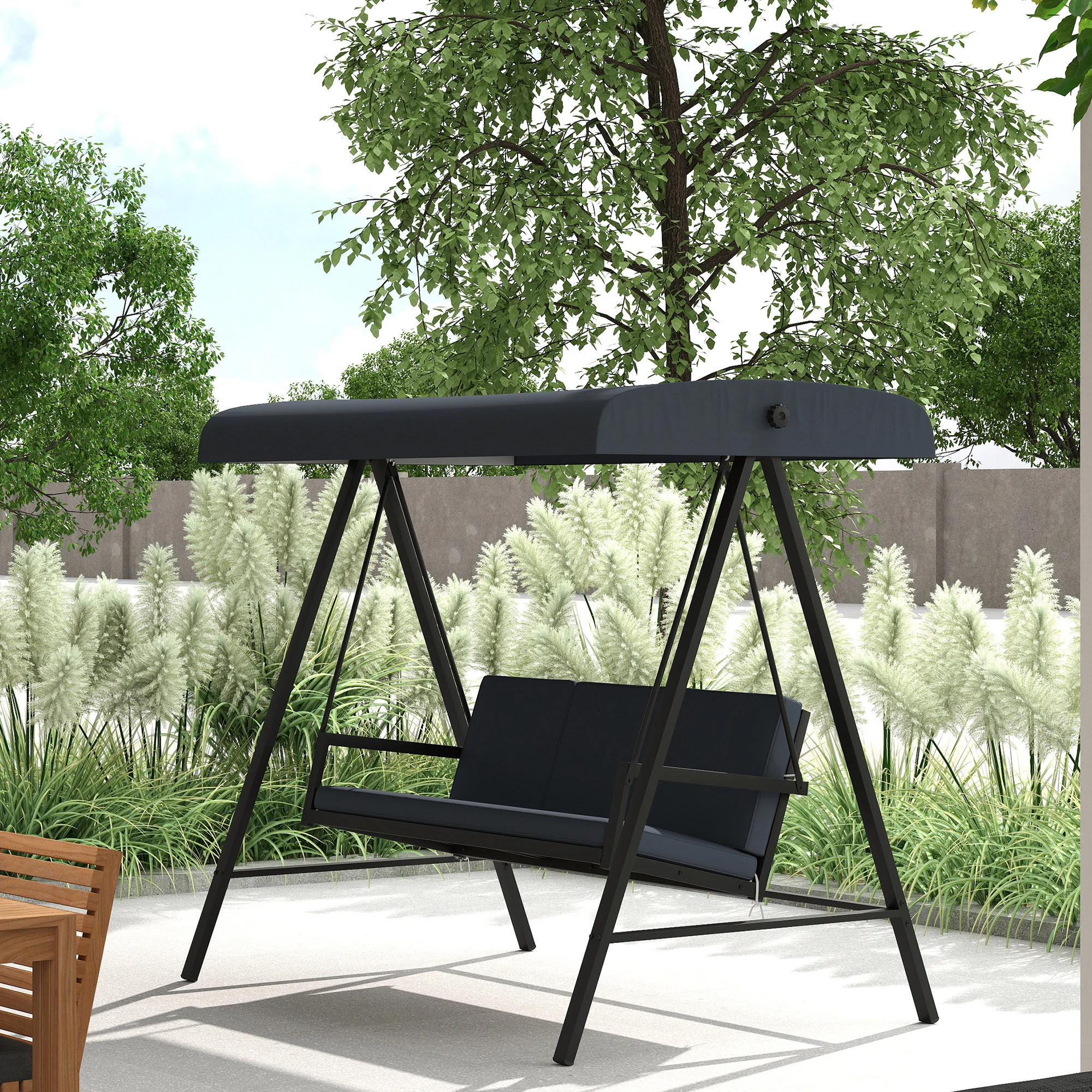 3 Seater Garden Swing Chair with Adjustable Canopy and Removable Cushions, Dark Grey - Image 3