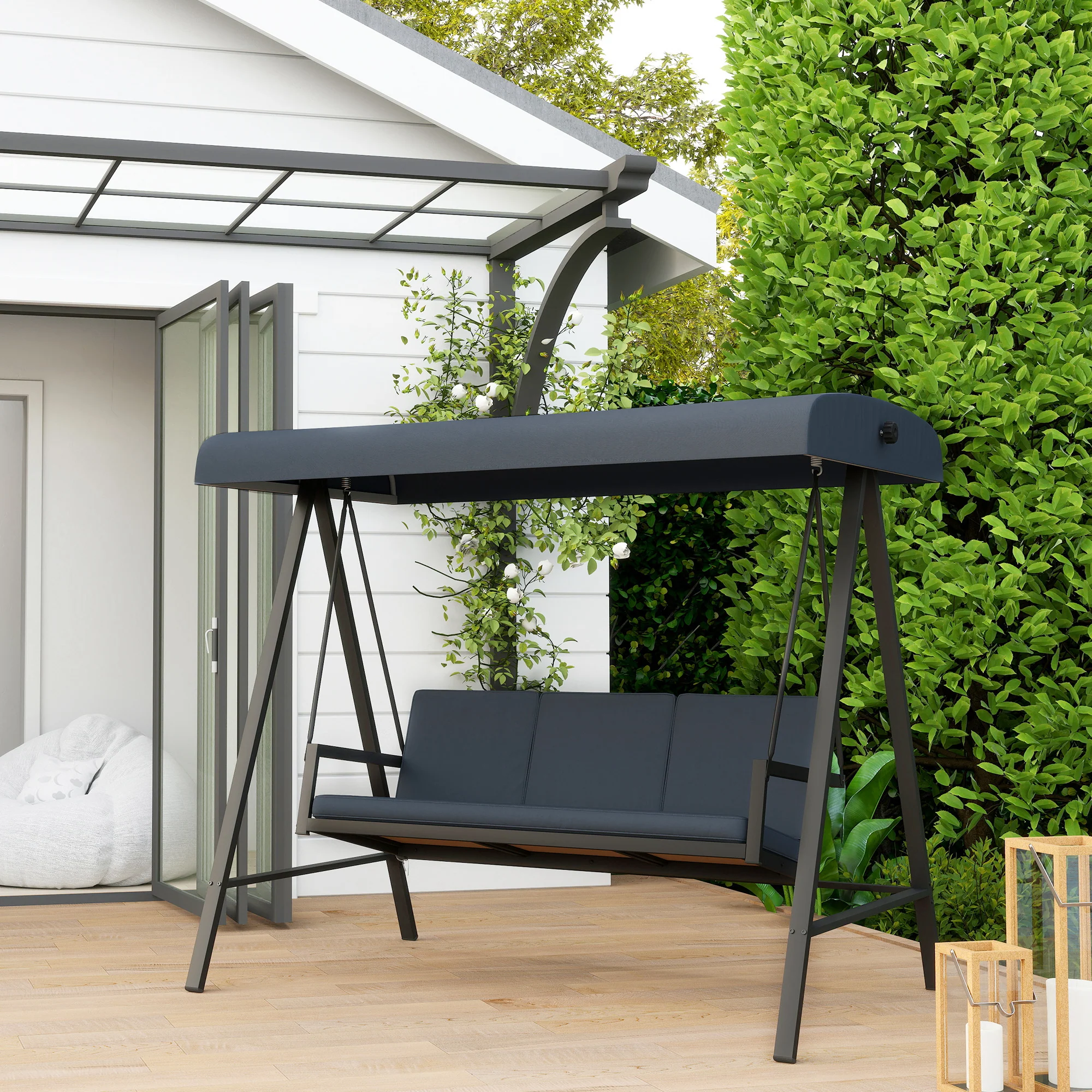 3 Seater Garden Swing Chair with Adjustable Canopy and Removable Cushions, Dark Grey - Image 4