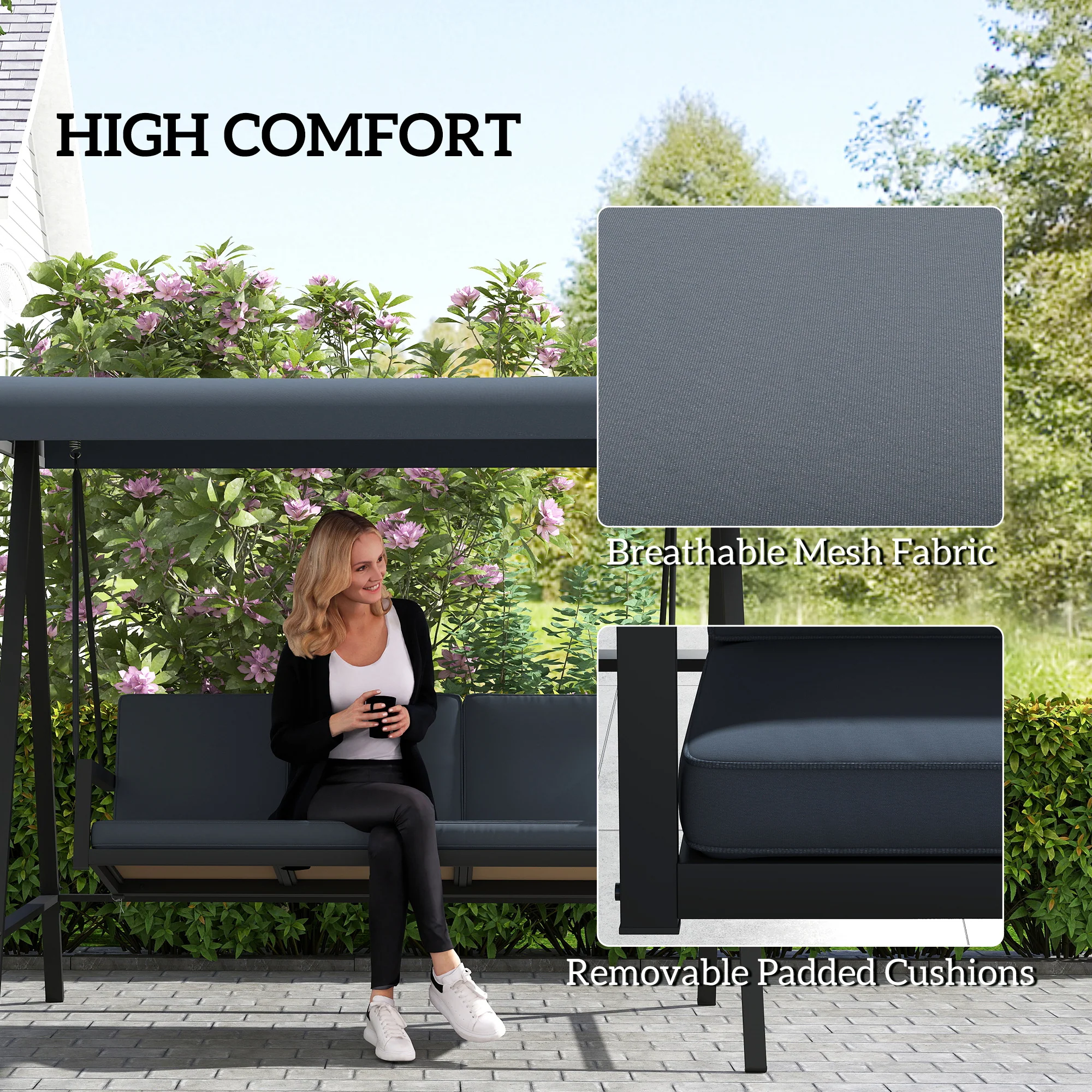 3 Seater Garden Swing Chair with Adjustable Canopy and Removable Cushions, Dark Grey - Image 7