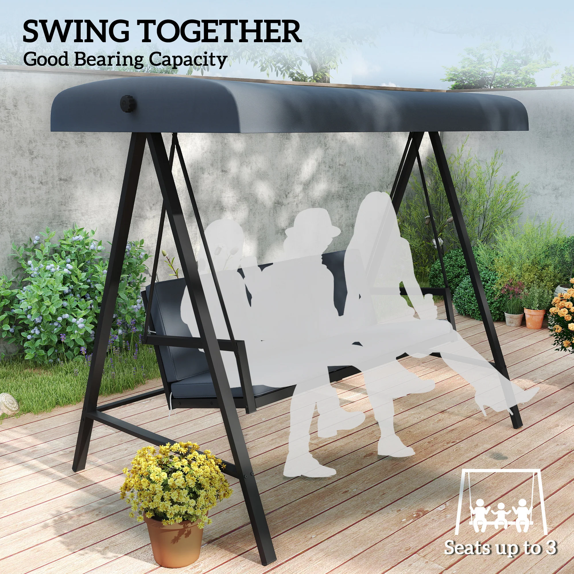 3 Seater Garden Swing Chair with Adjustable Canopy and Removable Cushions, Dark Grey - Image 9
