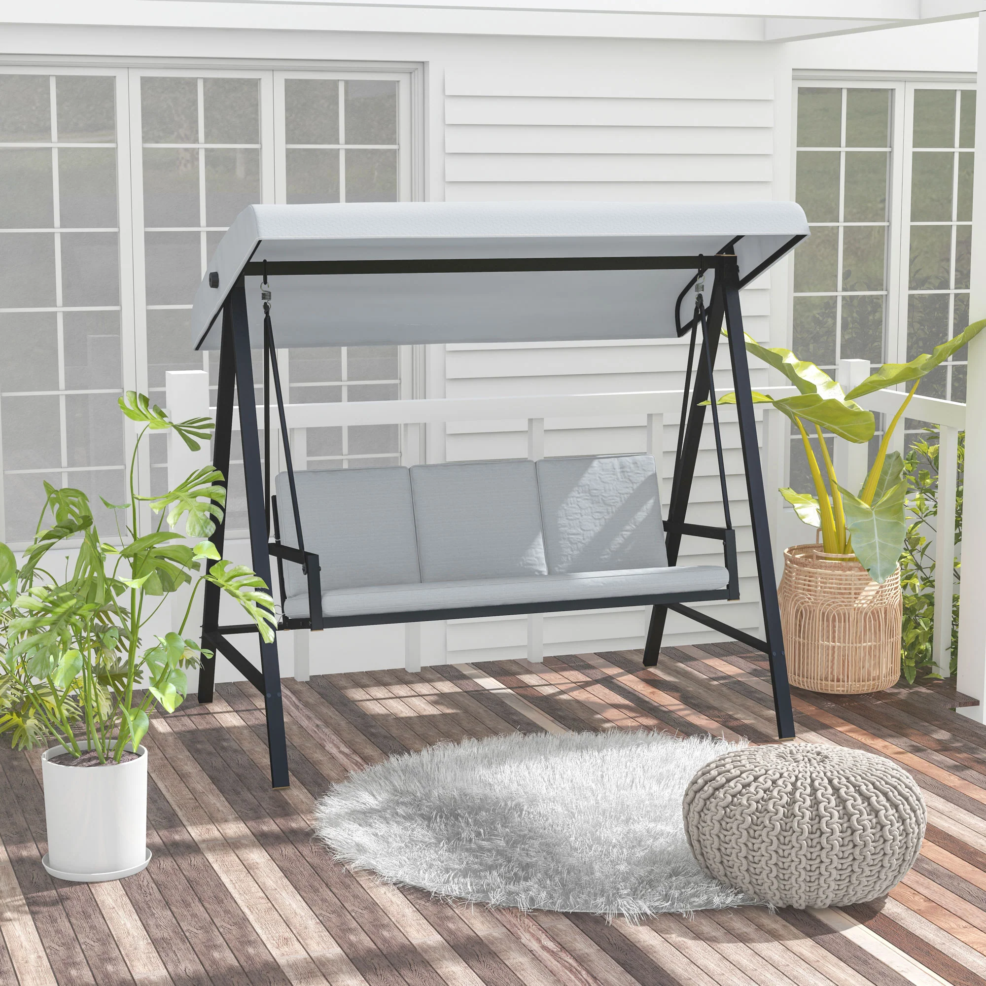 3 Seater Garden Swing Chair with Adjustable Canopy and Removable Cushions, Grey - Image 3
