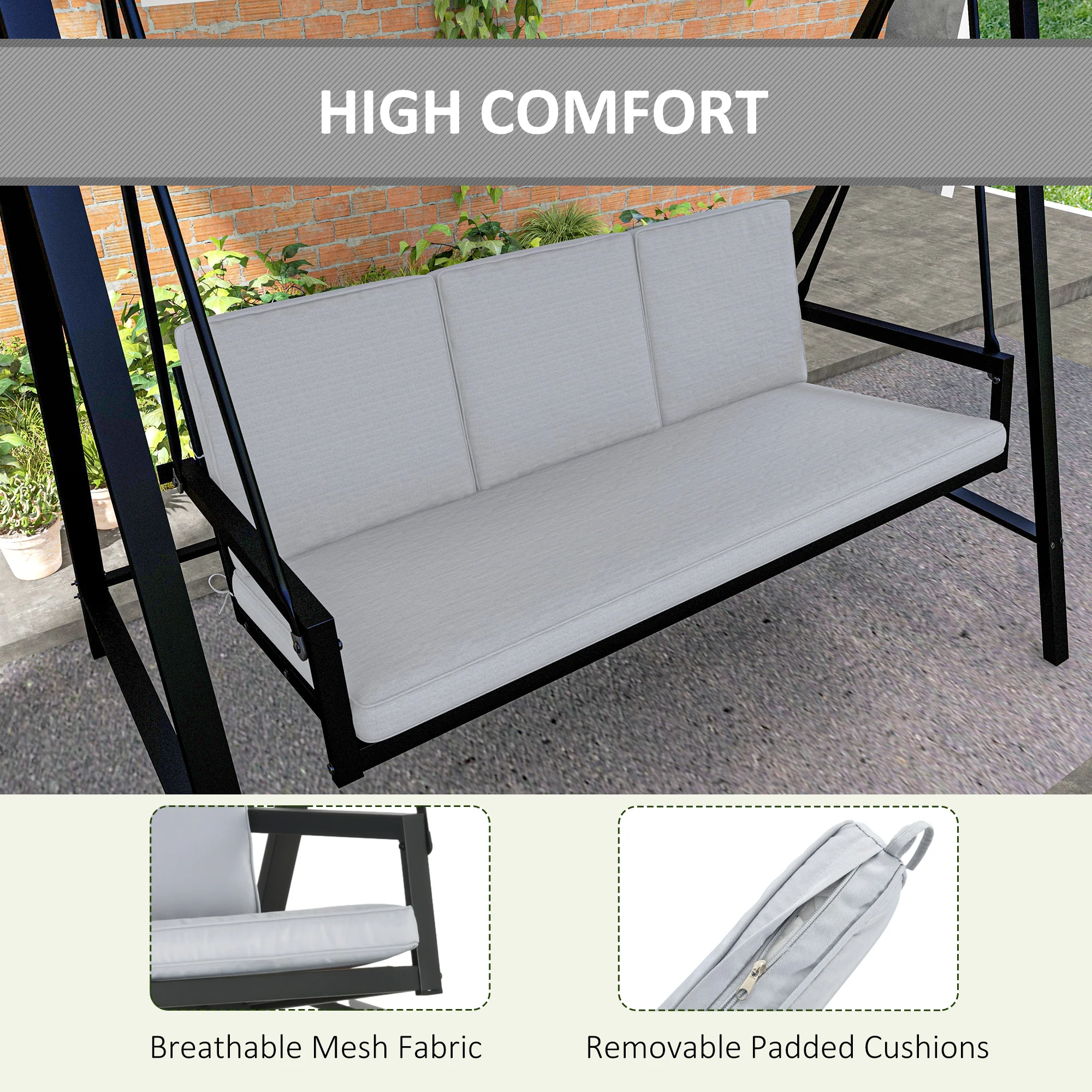 3 Seater Garden Swing Chair with Adjustable Canopy and Removable Cushions, Grey - Image 7