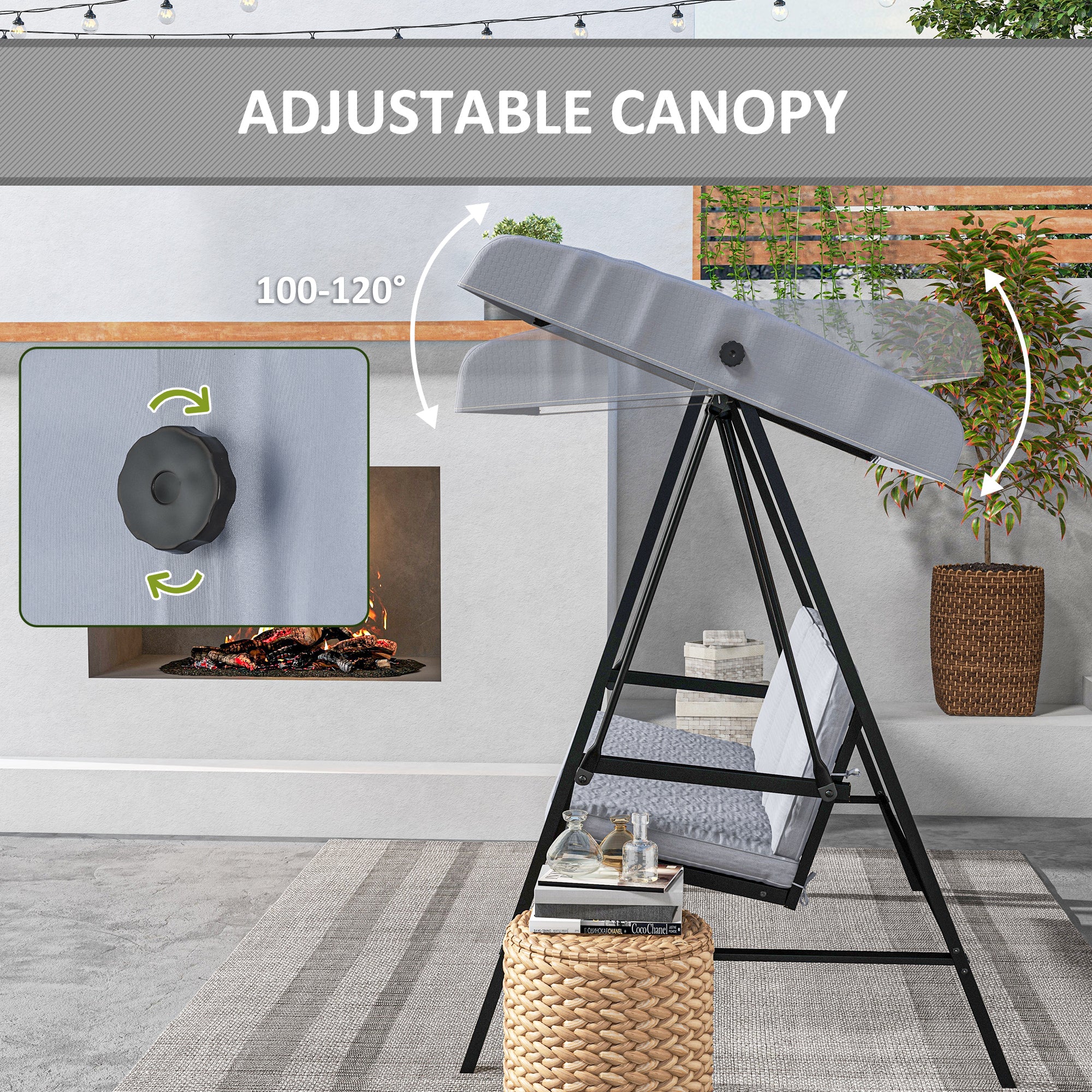 3 Seater Garden Swing Chair with Adjustable Canopy and Removable Cushions, Grey - Image 8