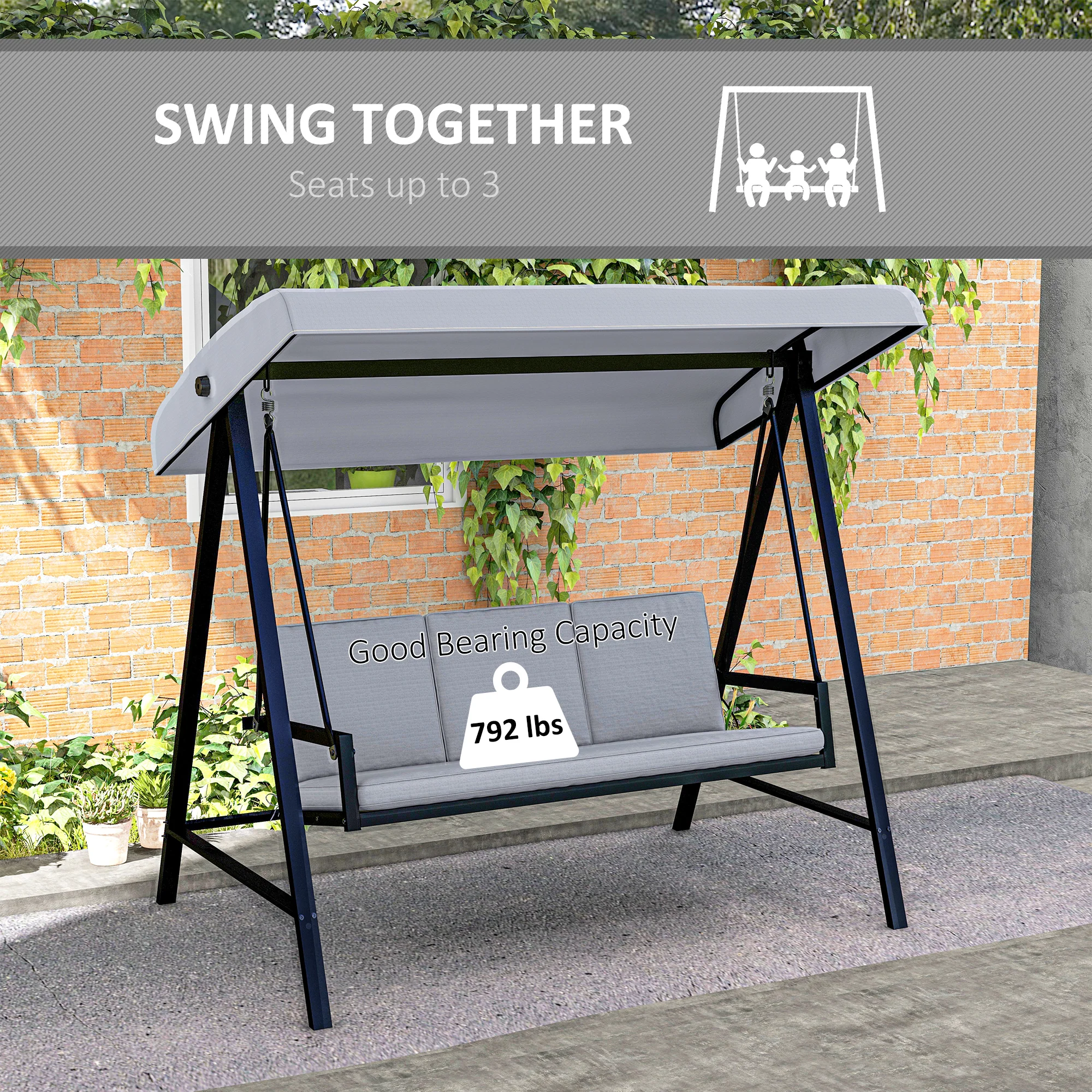 3 Seater Garden Swing Chair with Adjustable Canopy and Removable Cushions, Grey - Image 9