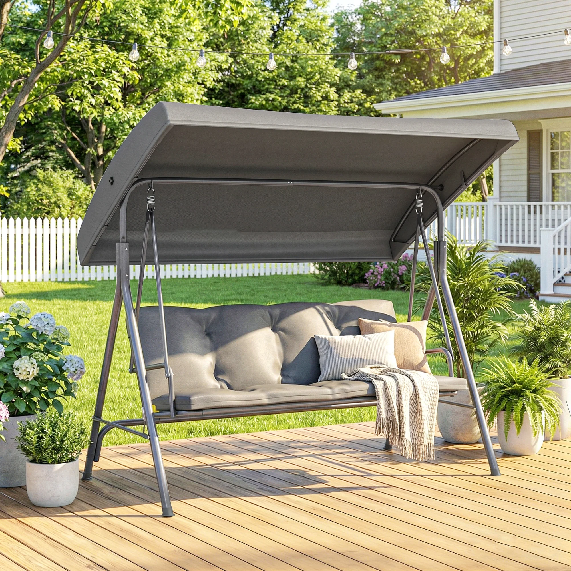 3 Seater Garden Swing Chair with Tilting Canopy and Cushion, Dark Grey - Image 10