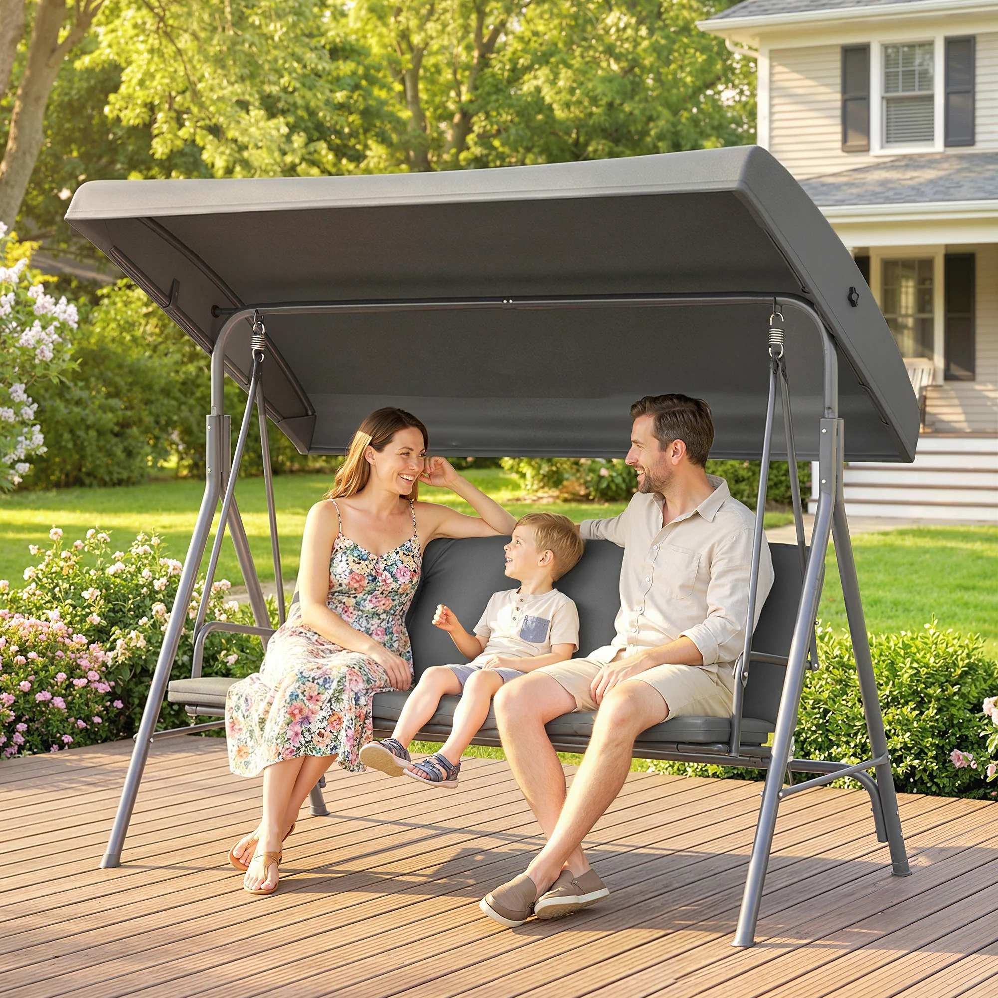 3 Seater Garden Swing Chair with Tilting Canopy and Cushion, Dark Grey - Image 11