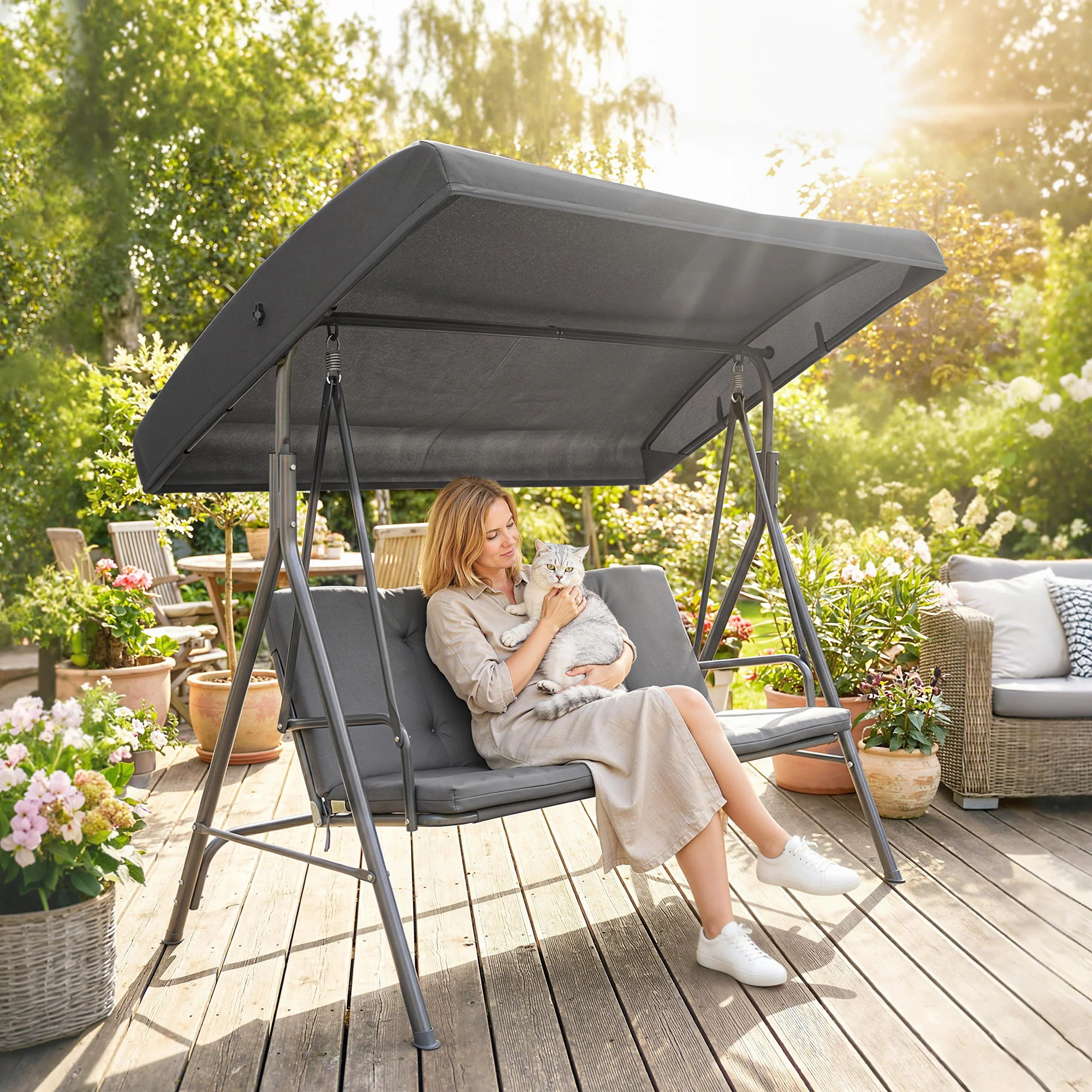 3 Seater Garden Swing Chair with Tilting Canopy and Cushion, Dark Grey - Image 3