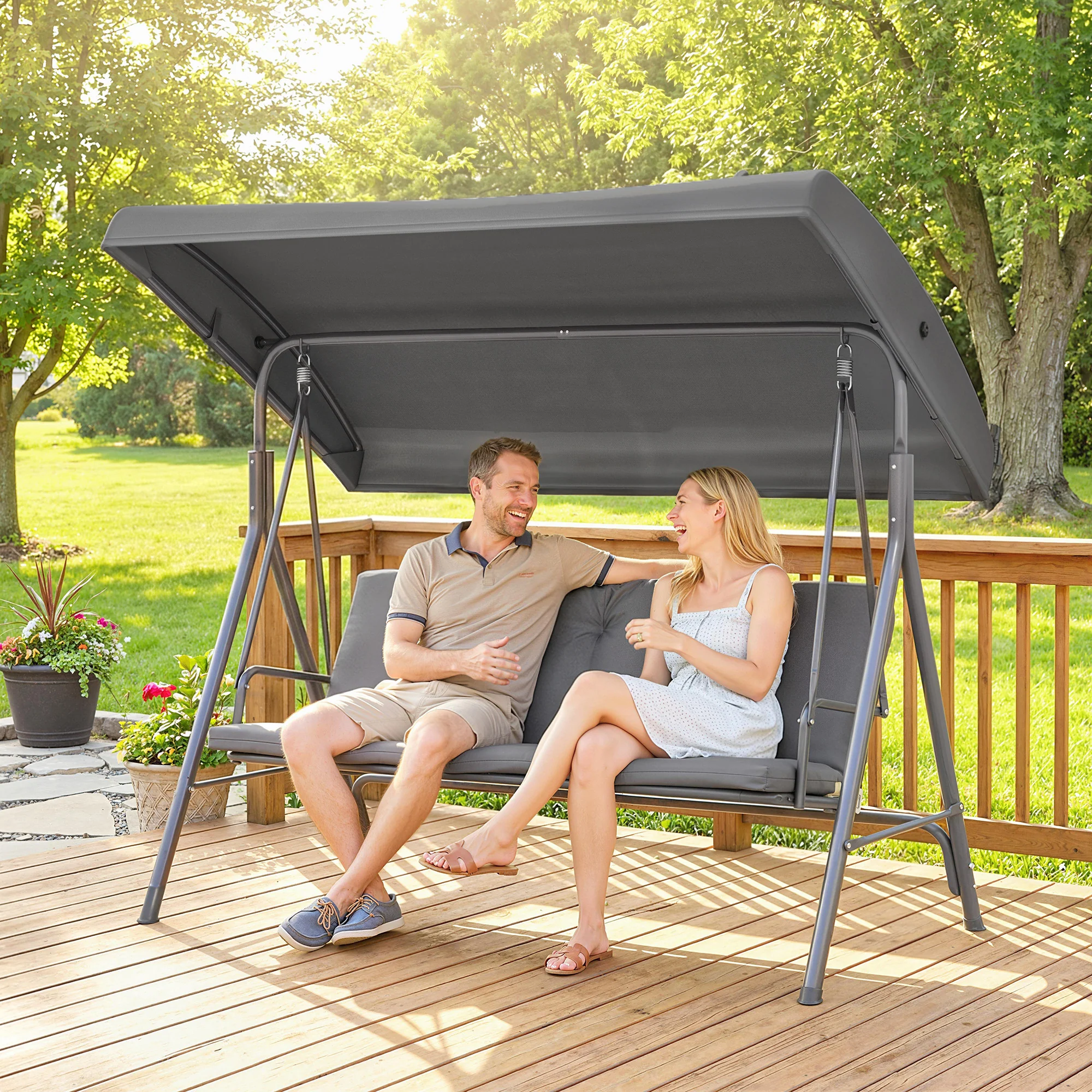 3 Seater Garden Swing Chair with Tilting Canopy and Cushion, Dark Grey - Image 4