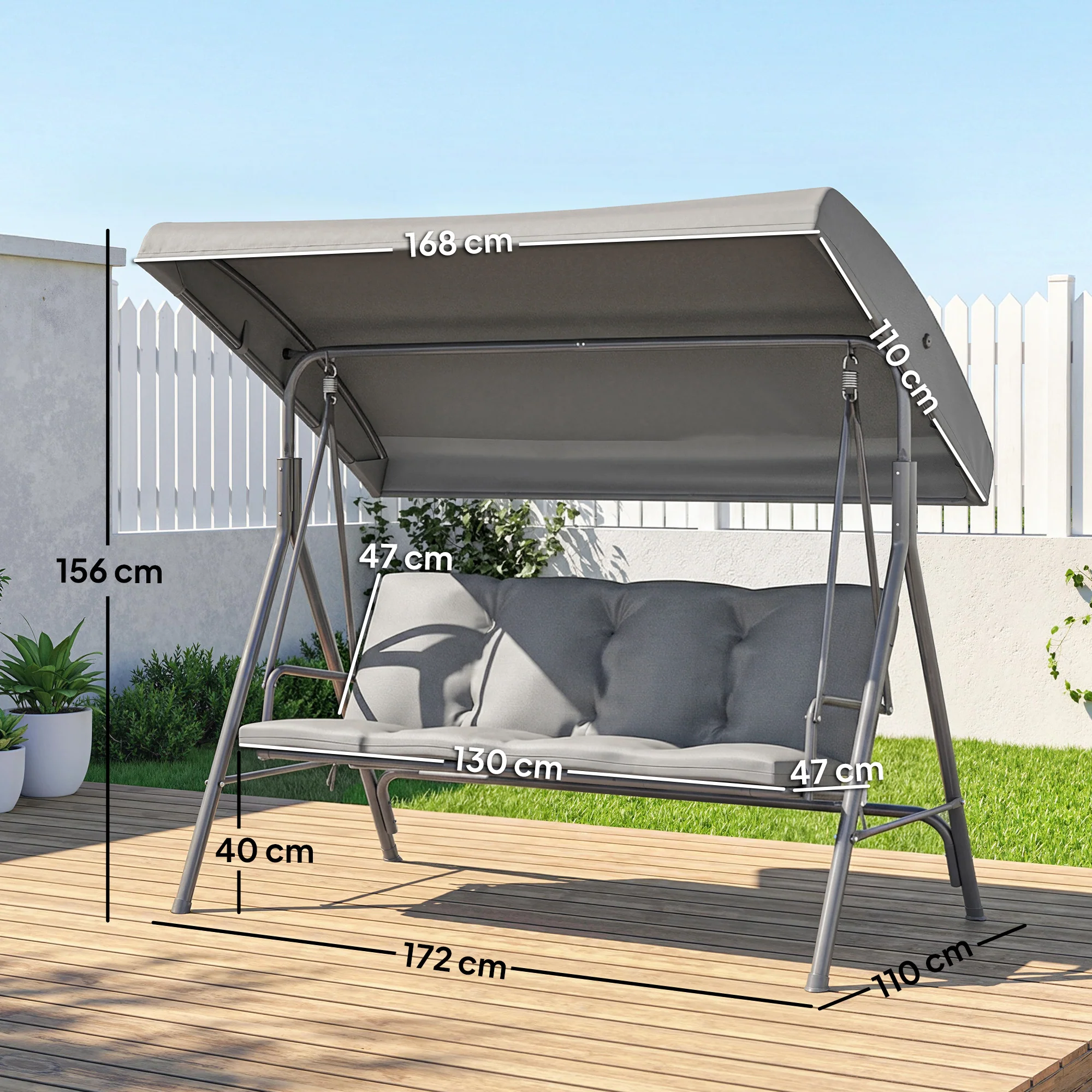 3 Seater Garden Swing Chair with Tilting Canopy and Cushion, Dark Grey - Image 5