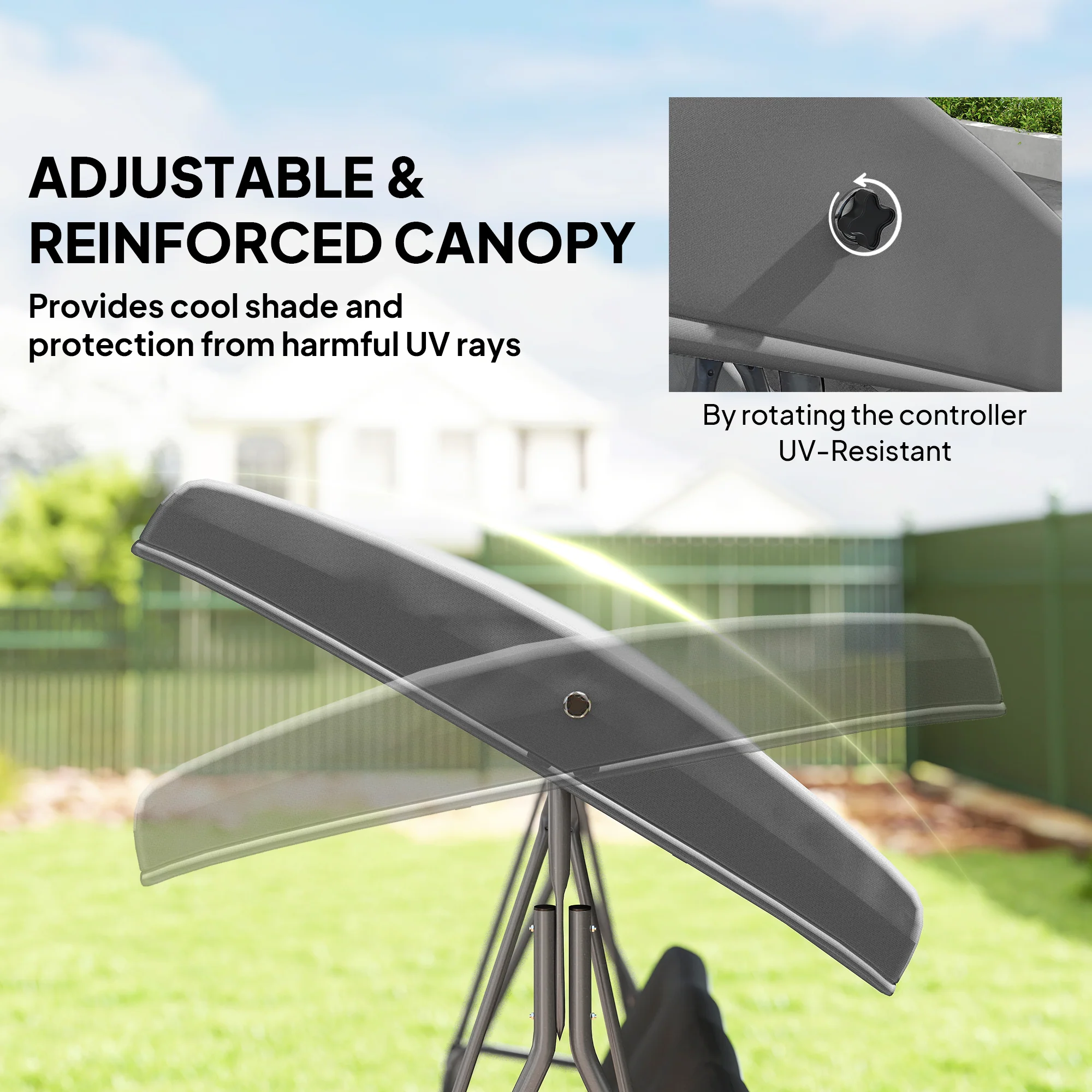 3 Seater Garden Swing Chair with Tilting Canopy and Cushion, Dark Grey - Image 6