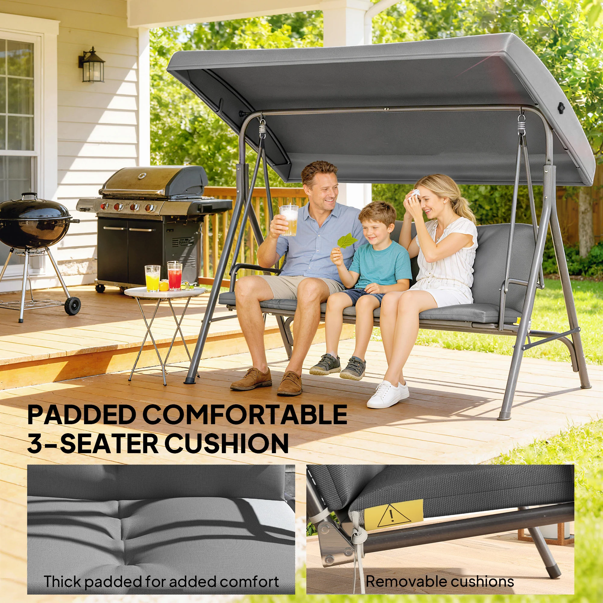 3 Seater Garden Swing Chair with Tilting Canopy and Cushion, Dark Grey - Image 7