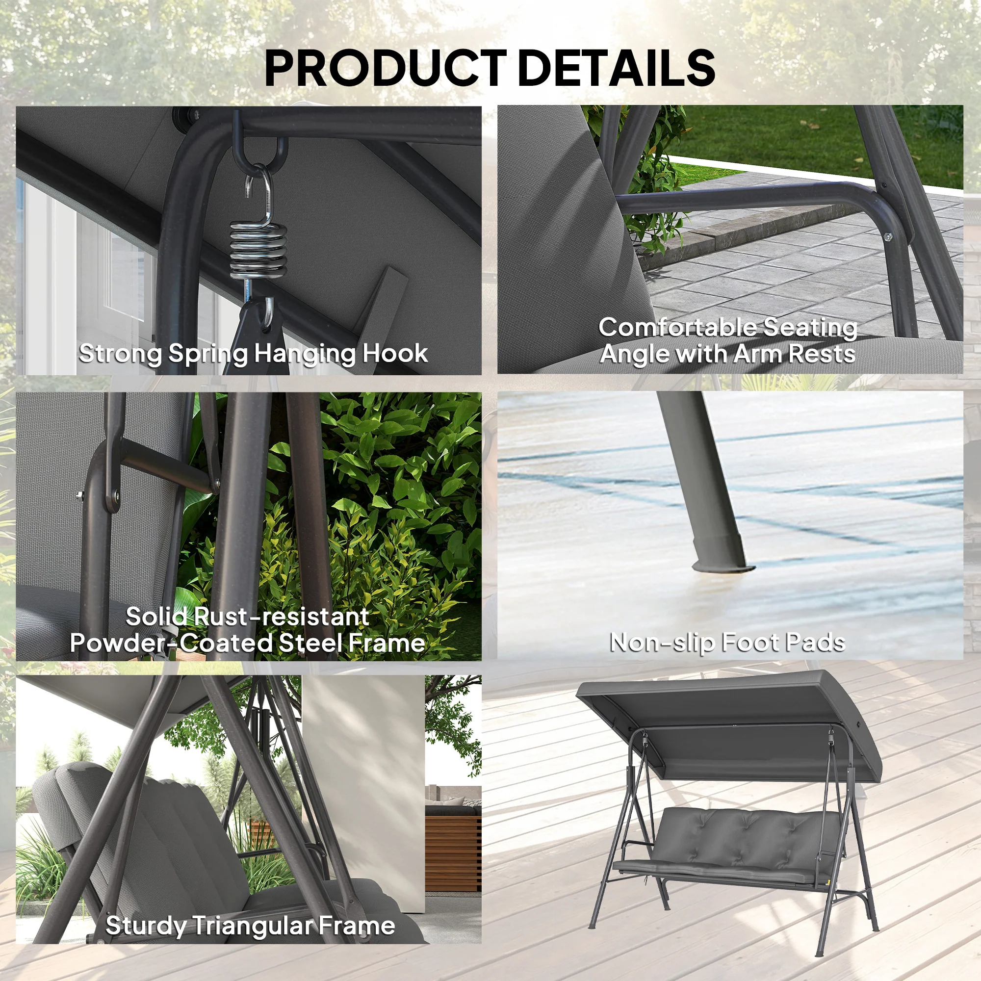 3 Seater Garden Swing Chair with Tilting Canopy and Cushion, Dark Grey - Image 8