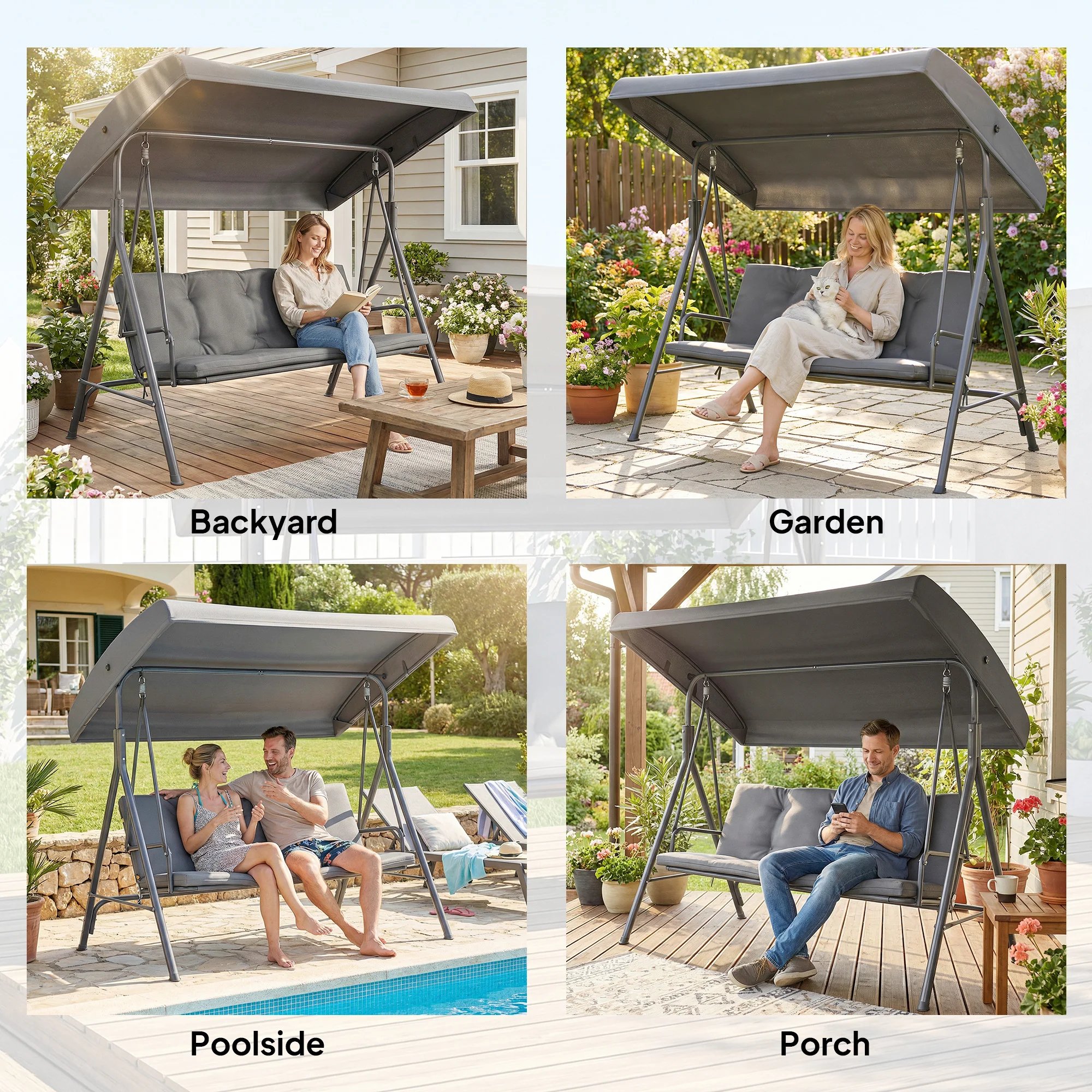 3 Seater Garden Swing Chair with Tilting Canopy and Cushion, Dark Grey - Image 9