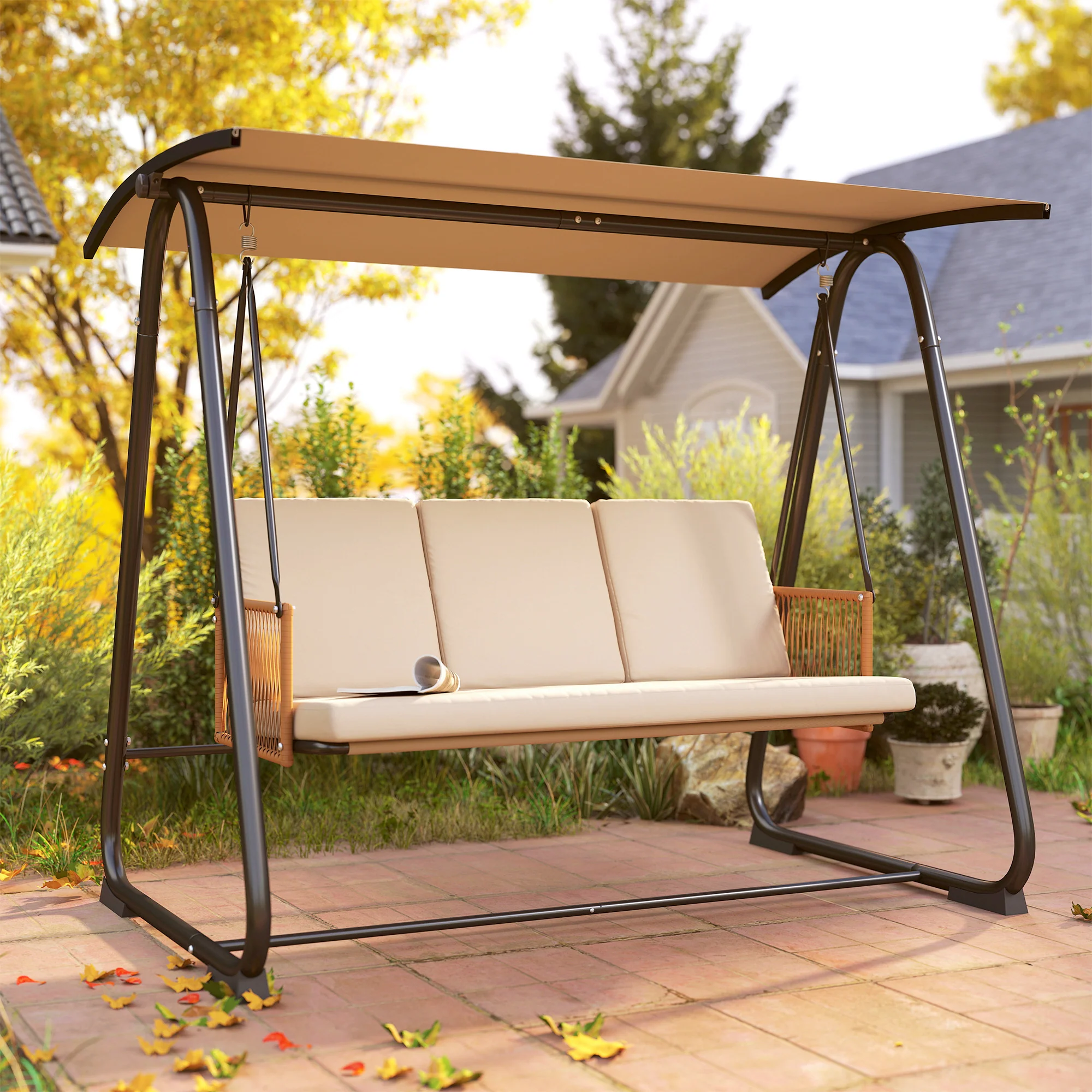 3 Seater Garden Swing Chair with Tilting Canopy and Zipped Cushions, Sand Brown - Image 11