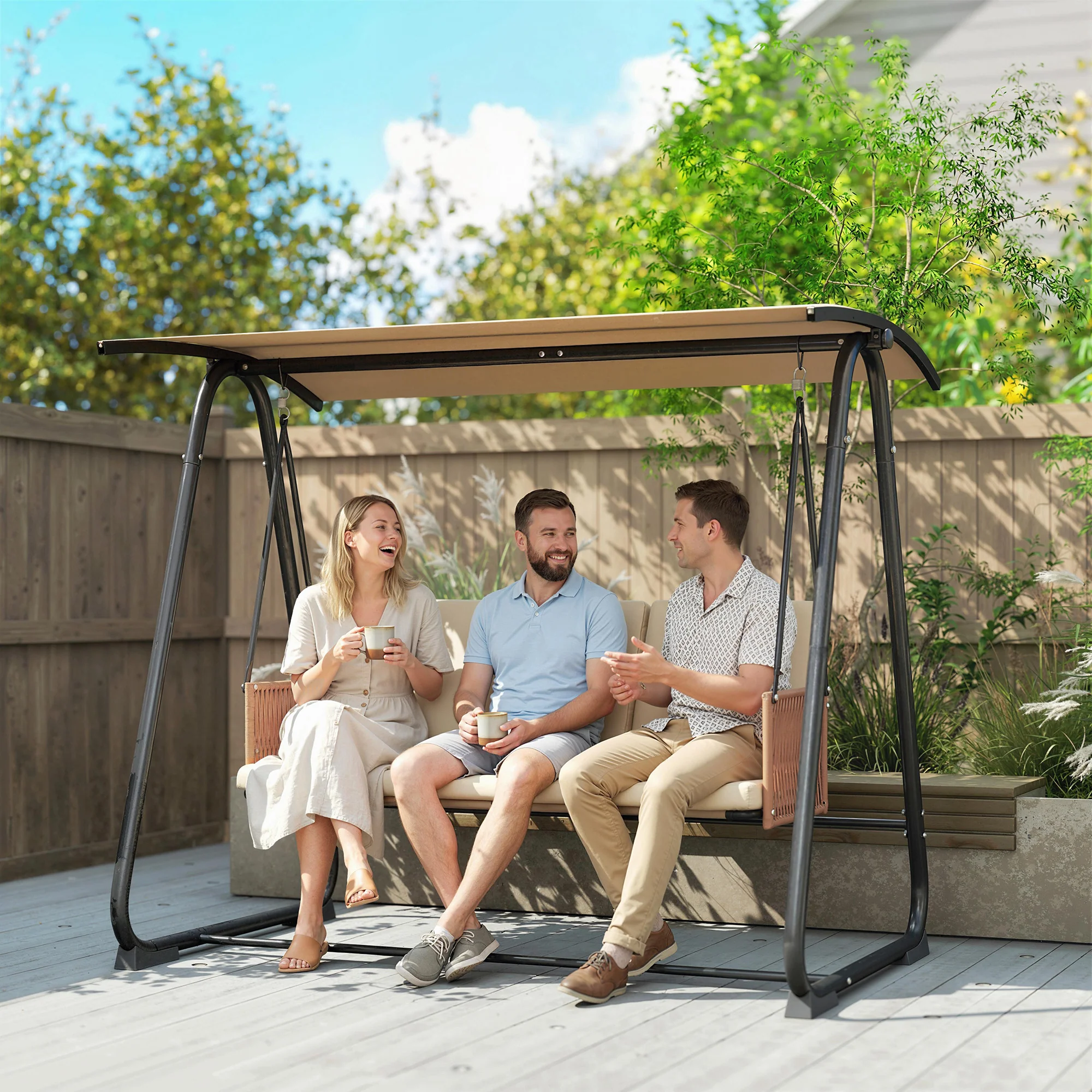 3 Seater Garden Swing Chair with Tilting Canopy and Zipped Cushions, Sand Brown - Image 3