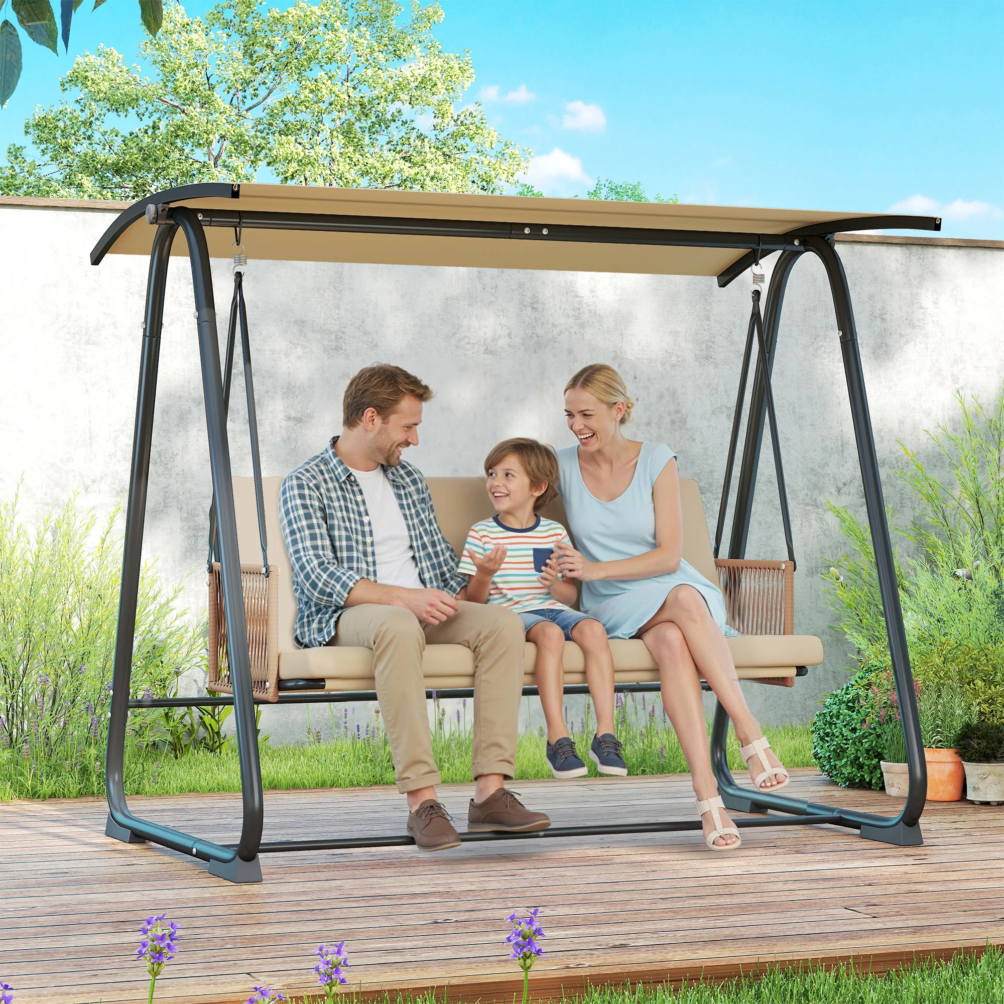 3 Seater Garden Swing Chair with Tilting Canopy and Zipped Cushions, Sand Brown - Image 4