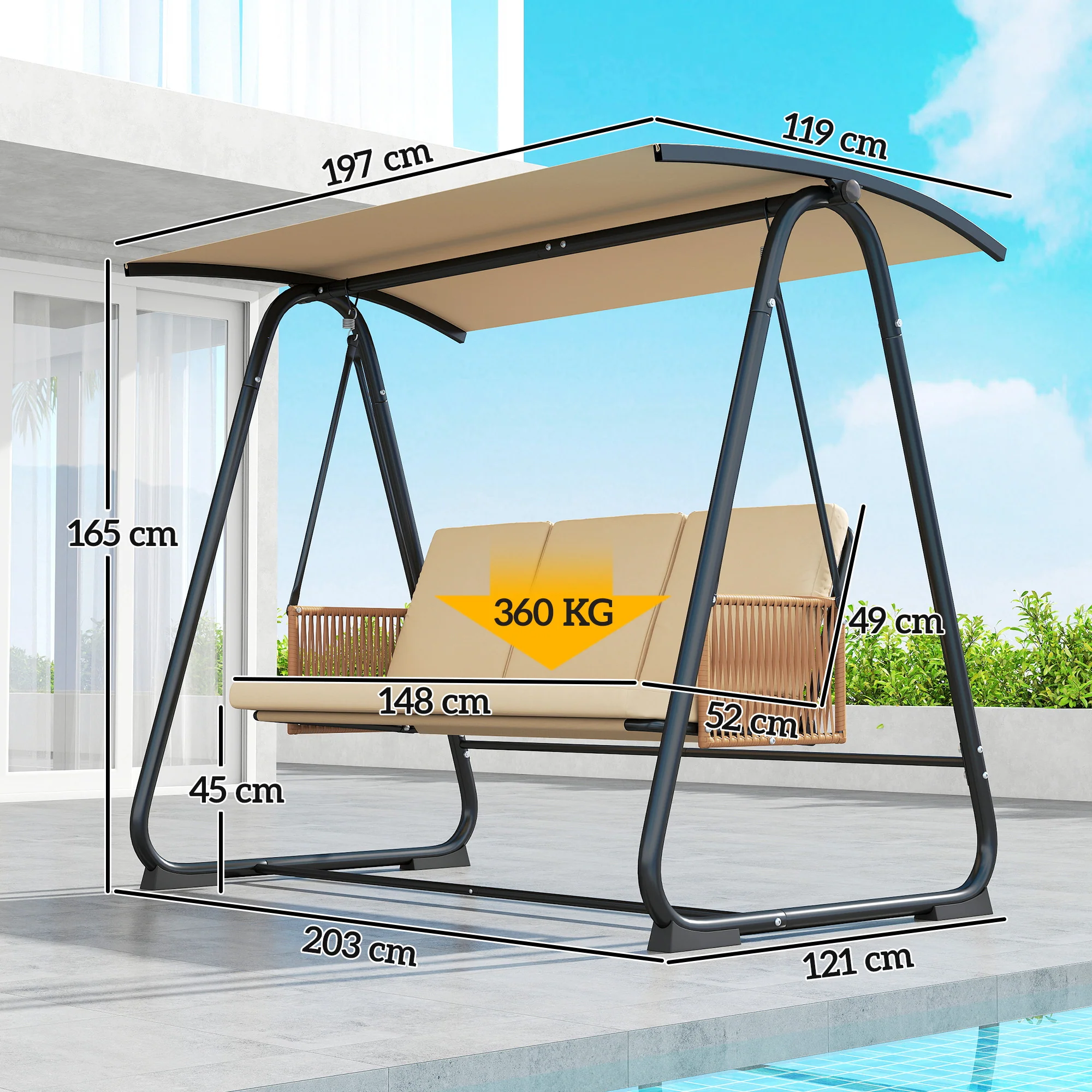 3 Seater Garden Swing Chair with Tilting Canopy and Zipped Cushions, Sand Brown - Image 5