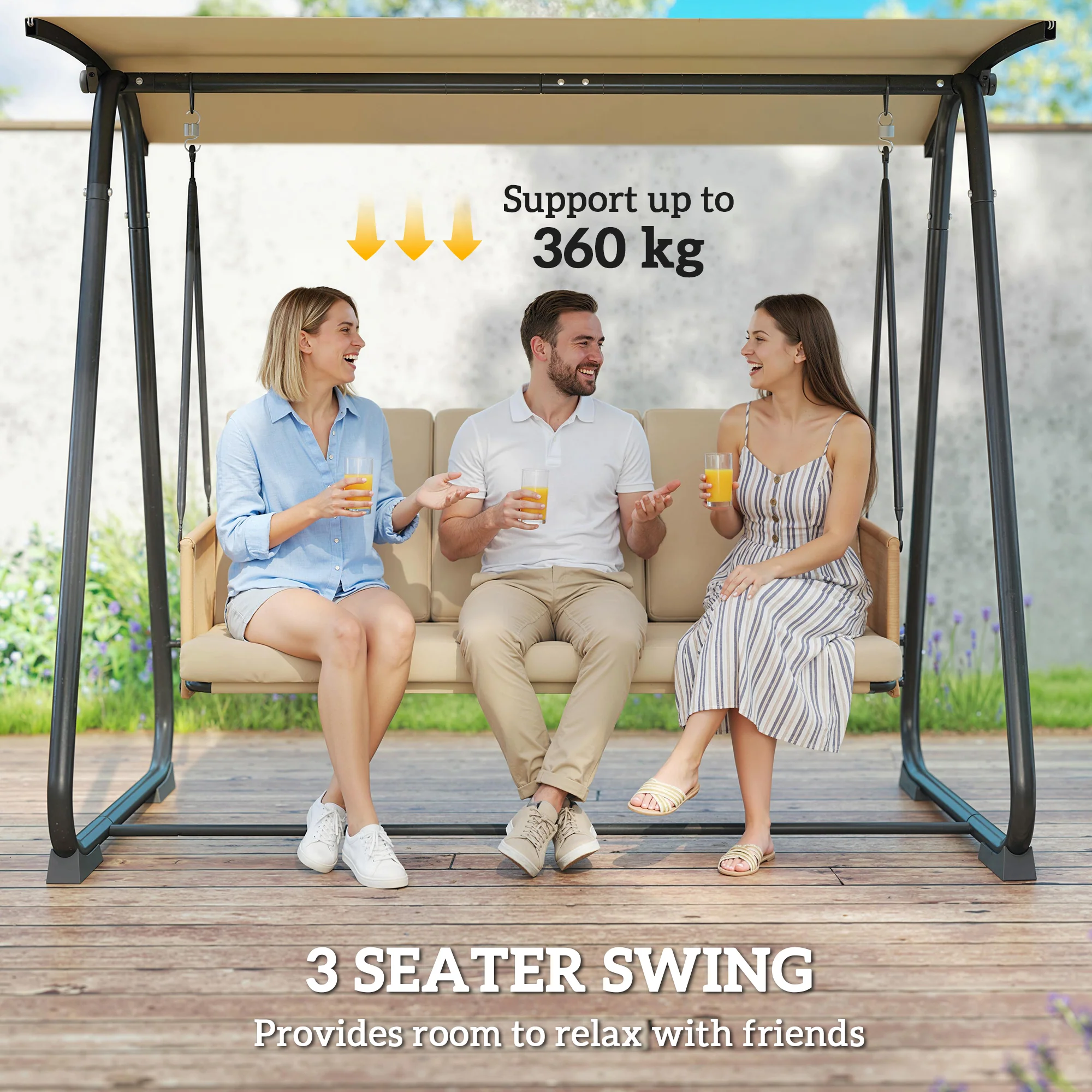 3 Seater Garden Swing Chair with Tilting Canopy and Zipped Cushions, Sand Brown - Image 6