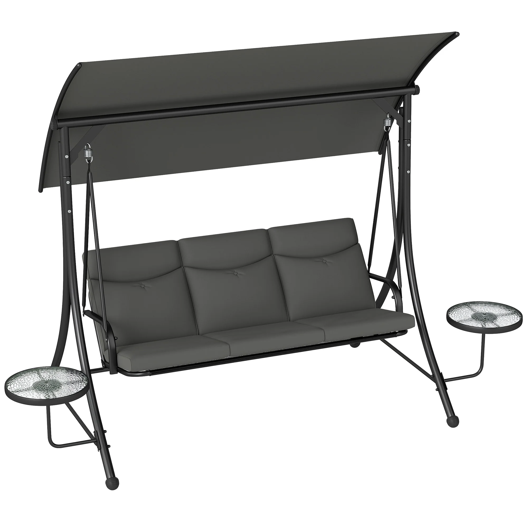 3 Seater Garden Swing Chair with Adjustable Canopy & Side Tables, Dark Grey - Image 2
