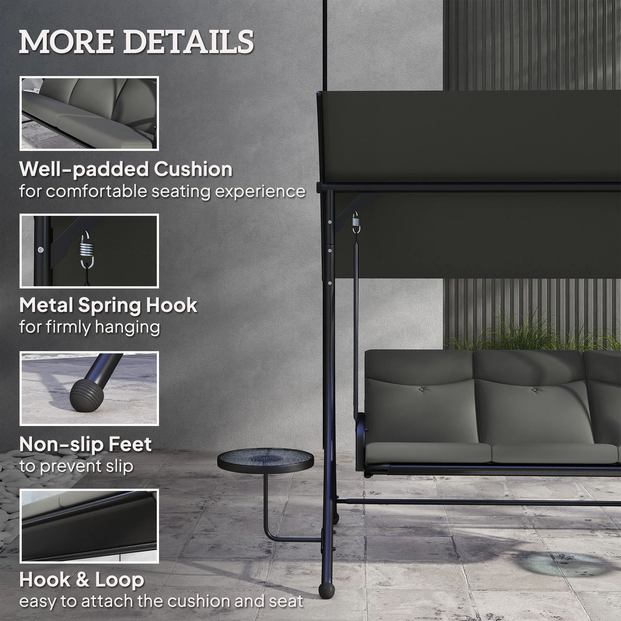 3 Seater Garden Swing Chair with Adjustable Canopy & Side Tables, Dark Grey - Image 8
